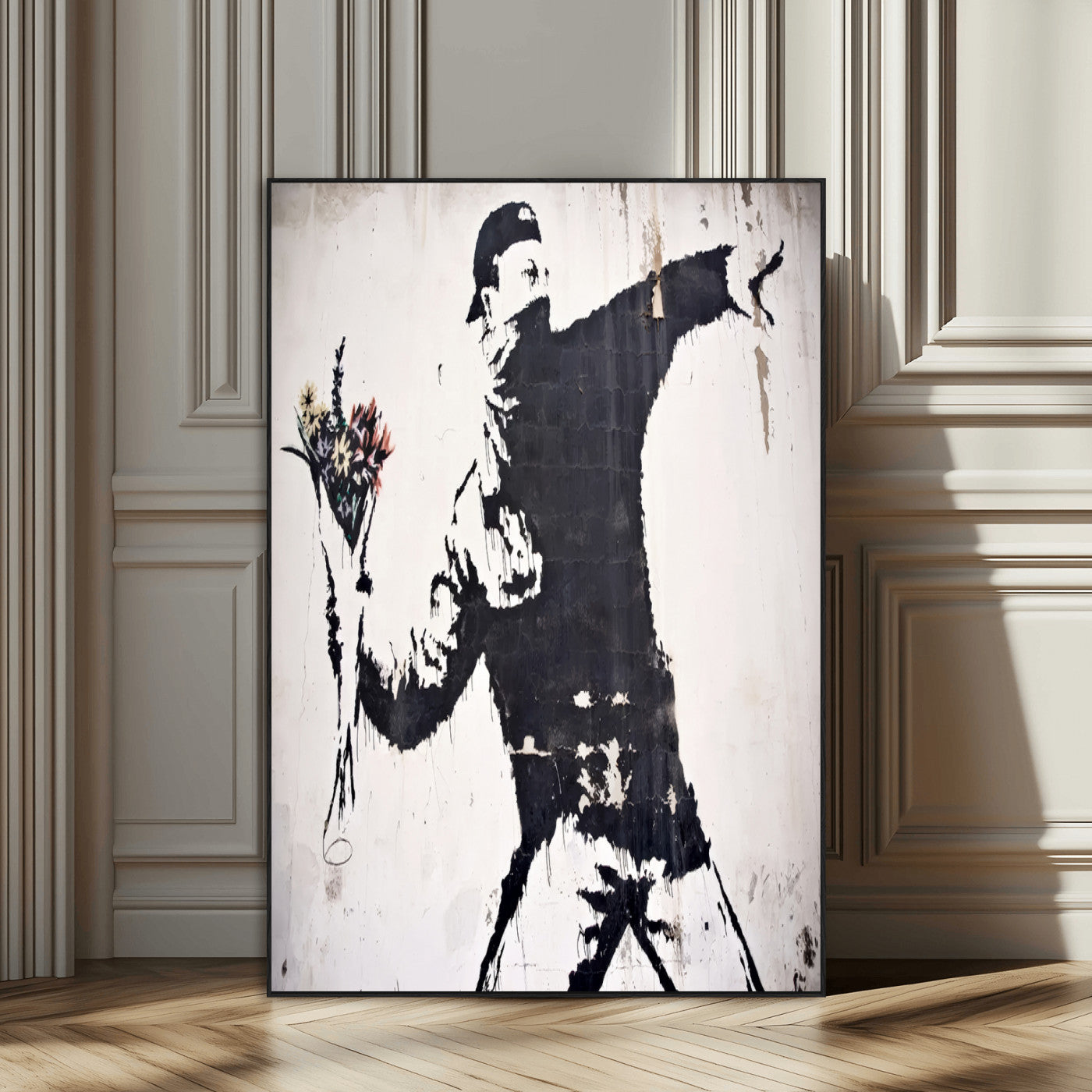 64032-SEG-FC-51X34_Oversize_Oversize-Flower Thrower Wall Art Canvas Print, Framed Urban Protest Art Picture Print, Graffiti Style Perfect Urban Contemporary Decor