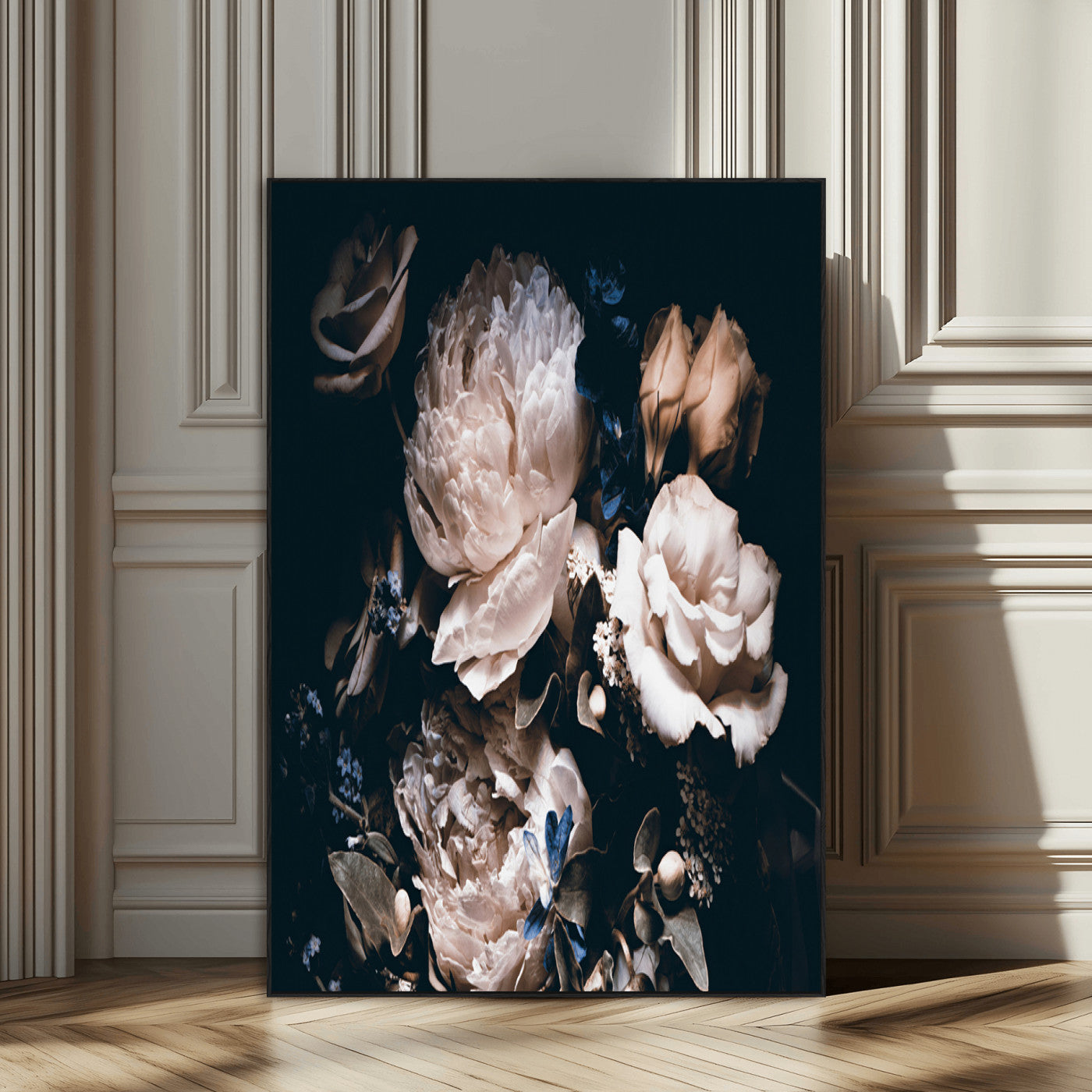 47195-SEG-FC-51X34_Oversize_Oversize-Moody Peonies Wall Art Canvas Print, Framed Dark Floral Art Picture Print, Creamy Rose Perfect Baroque Floral Decor Artwork