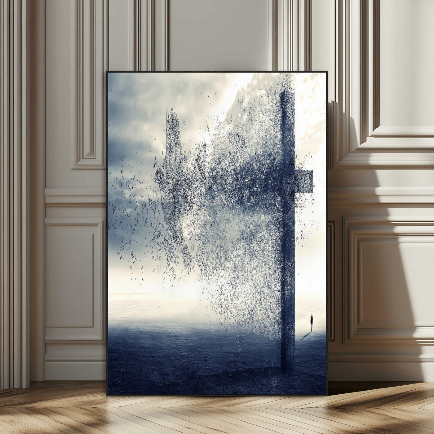 98984-SEG-FC-51X34_Oversize_Oversize-Disintegrating Cross Wall Art Canvas Print, Framed Abstract Symbol Art Picture Print, Conceptual Horizon Perfect Spiritual