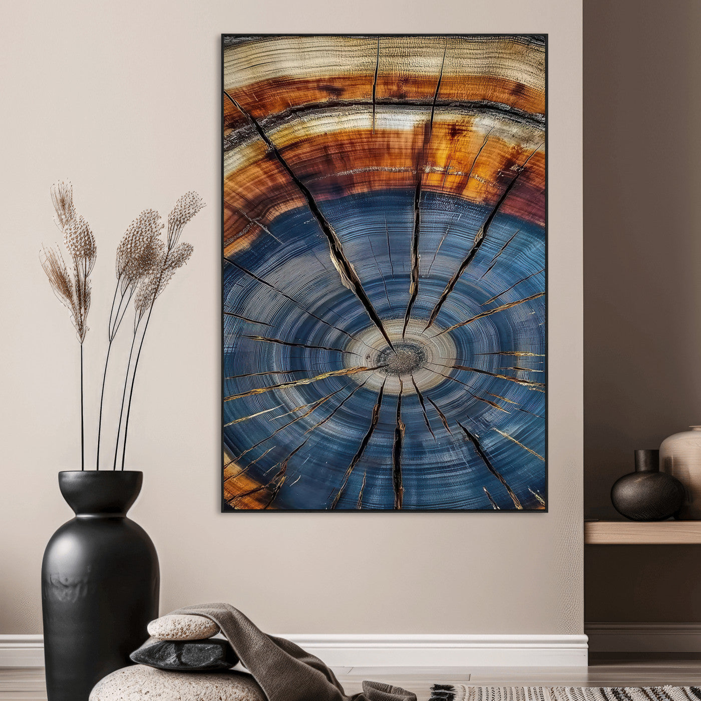 58959380-SEG-FC-51X34_Oversize_Oversize-Tree Rings Wall Art Canvas Print, Framed Wood Texture Art Picture Print, Blue Grain Perfect Rustic Modern Decor Artwork
