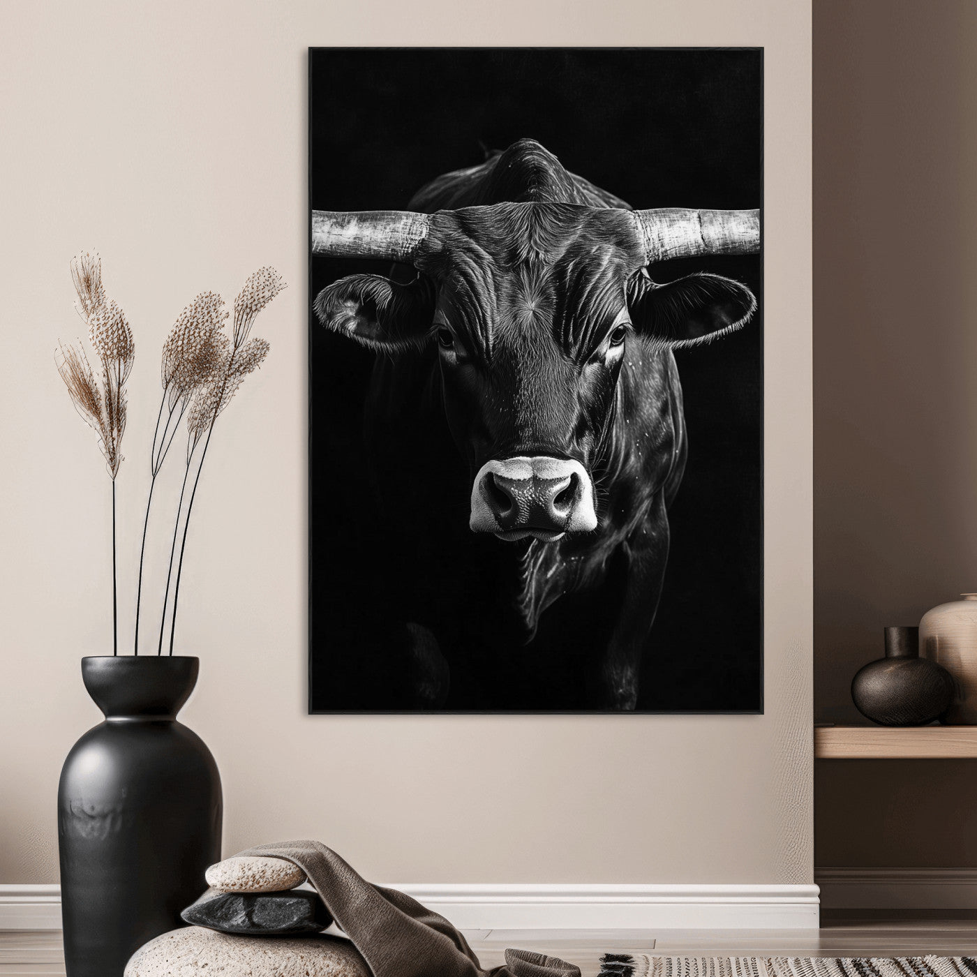 75358747-MGV-CV-24X36-Texas Longhorn Wall Art Canvas Print, Framed Monochrome Bull Art Picture Print, Horned Bull Perfect Minimalist Western Decor