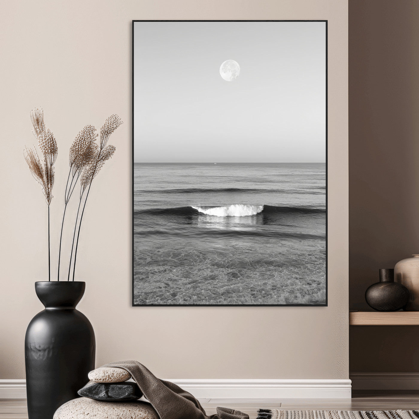 96234442-SEG-FC-51X34_Oversize_Oversize-Black White Ocean Scene Wall Art Canvas Print, Framed Full Moon Over Sea Art Picture Print, Tranquil Coastal Canvas Perfect