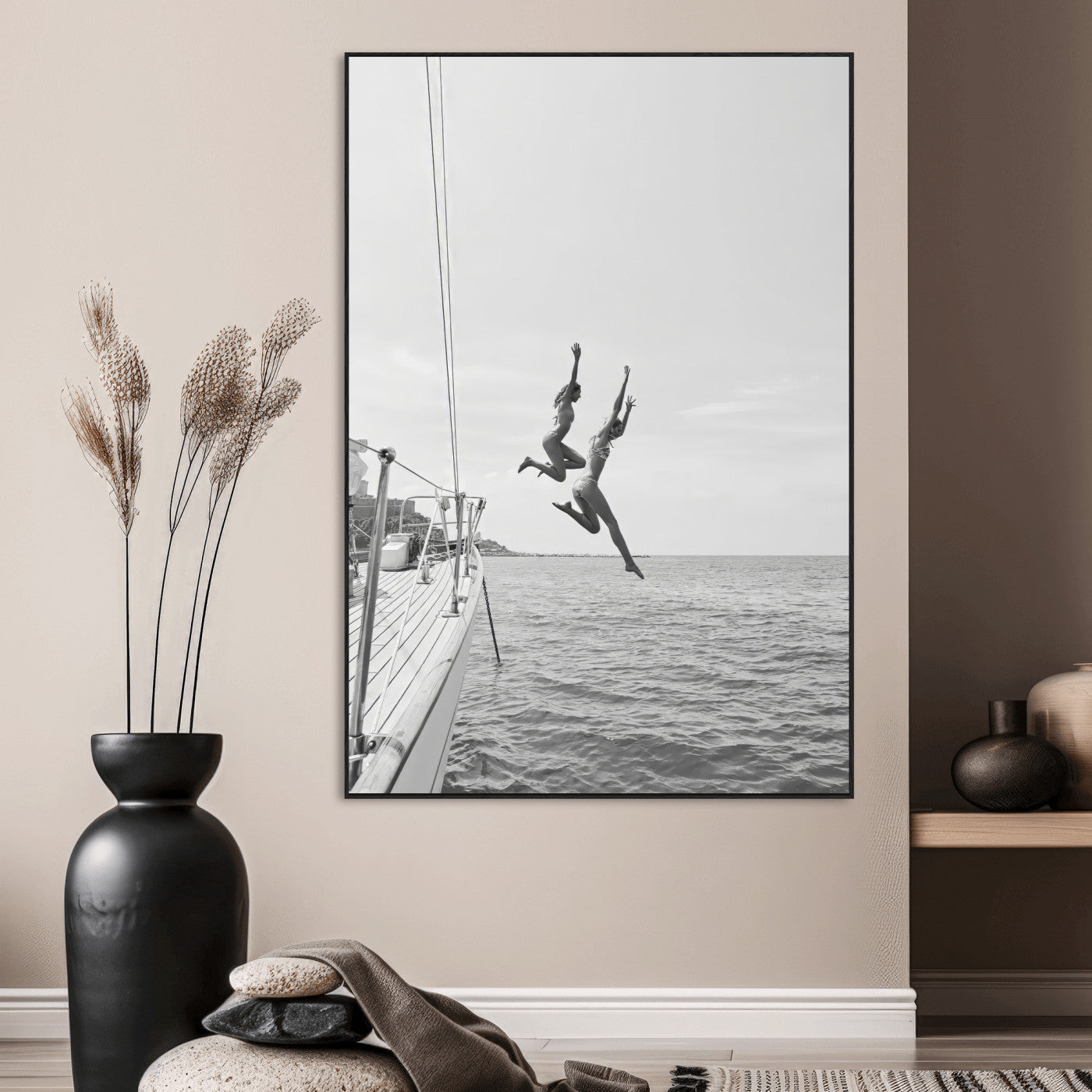 74555508-MGV-CV-24X36-Black White Sailing Wall Art Canvas Print, Framed Ocean Adventure Art Picture Print, Summer Energy Perfect Modern Minimalism Decor