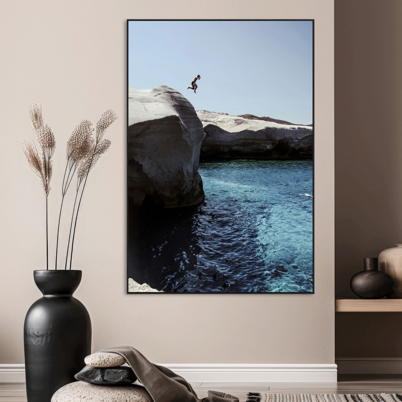 96853328-SEG-FC-51X34_Oversize_Oversize-Cliff Diving Wall Art Canvas Print, Framed Turquoise Sea Art Picture Print, Ocean Adventure Perfect Coastal Minimalist Decor