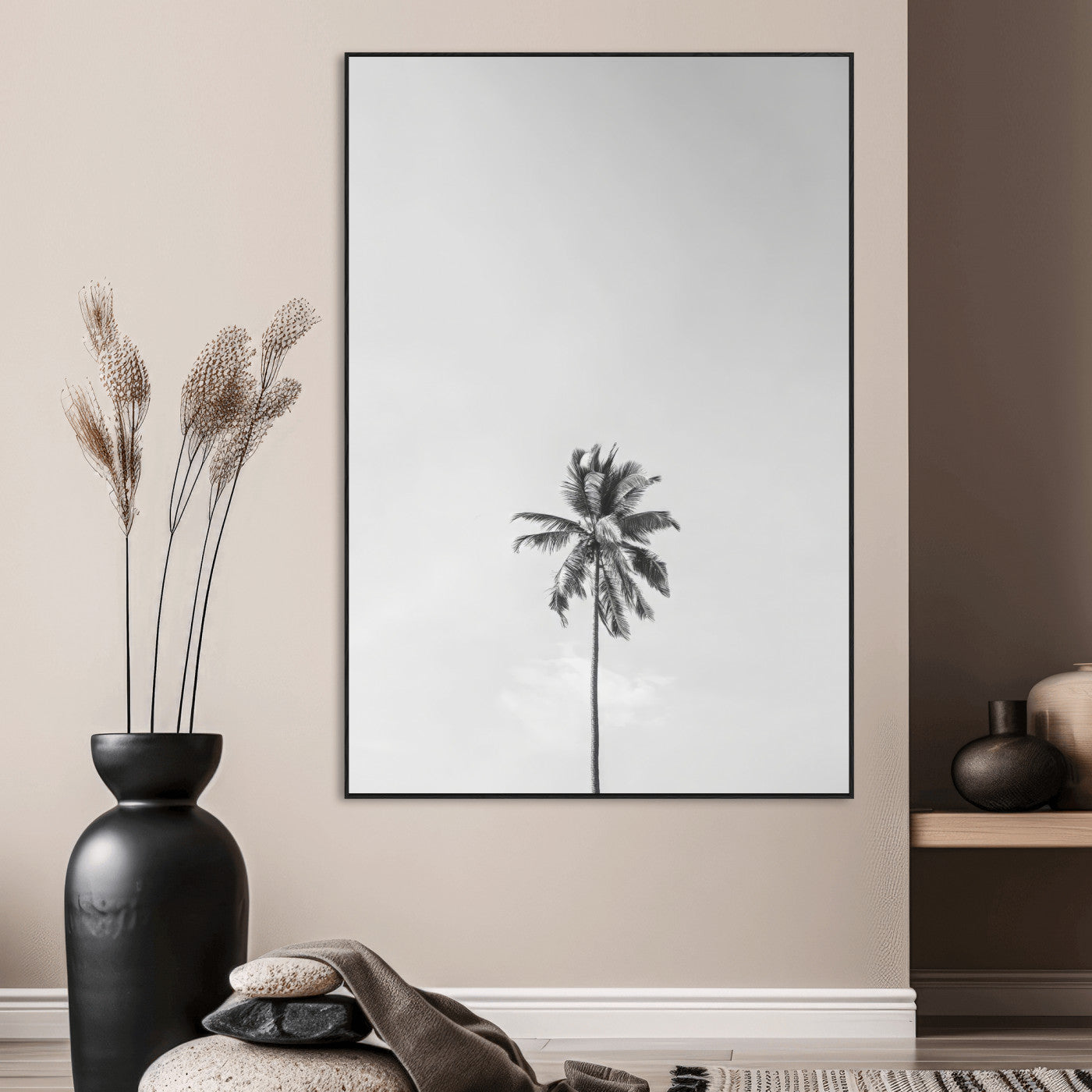 67263674-SEG-FC-51X34_Oversize_Oversize-Lone Palm Tree Wall Art Canvas Print, Framed Minimalist Tropical Art Picture Print, Monochrome Beach Perfect Modern Coastal