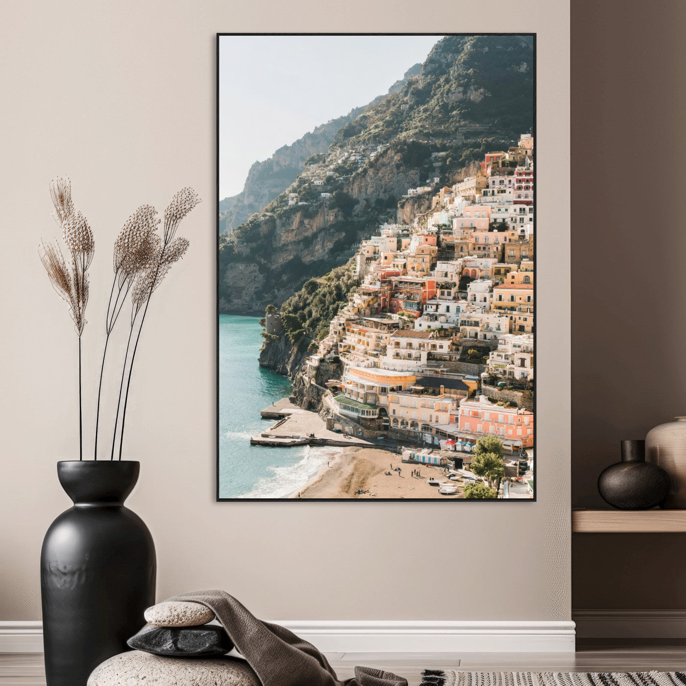 28897019-SEG-FC-51X34_Oversize_Oversize-Positano Coastline Wall Art Canvas Print, Framed Amalfi Architecture Art Picture Print, Italian Riviera Perfect Mediterranean