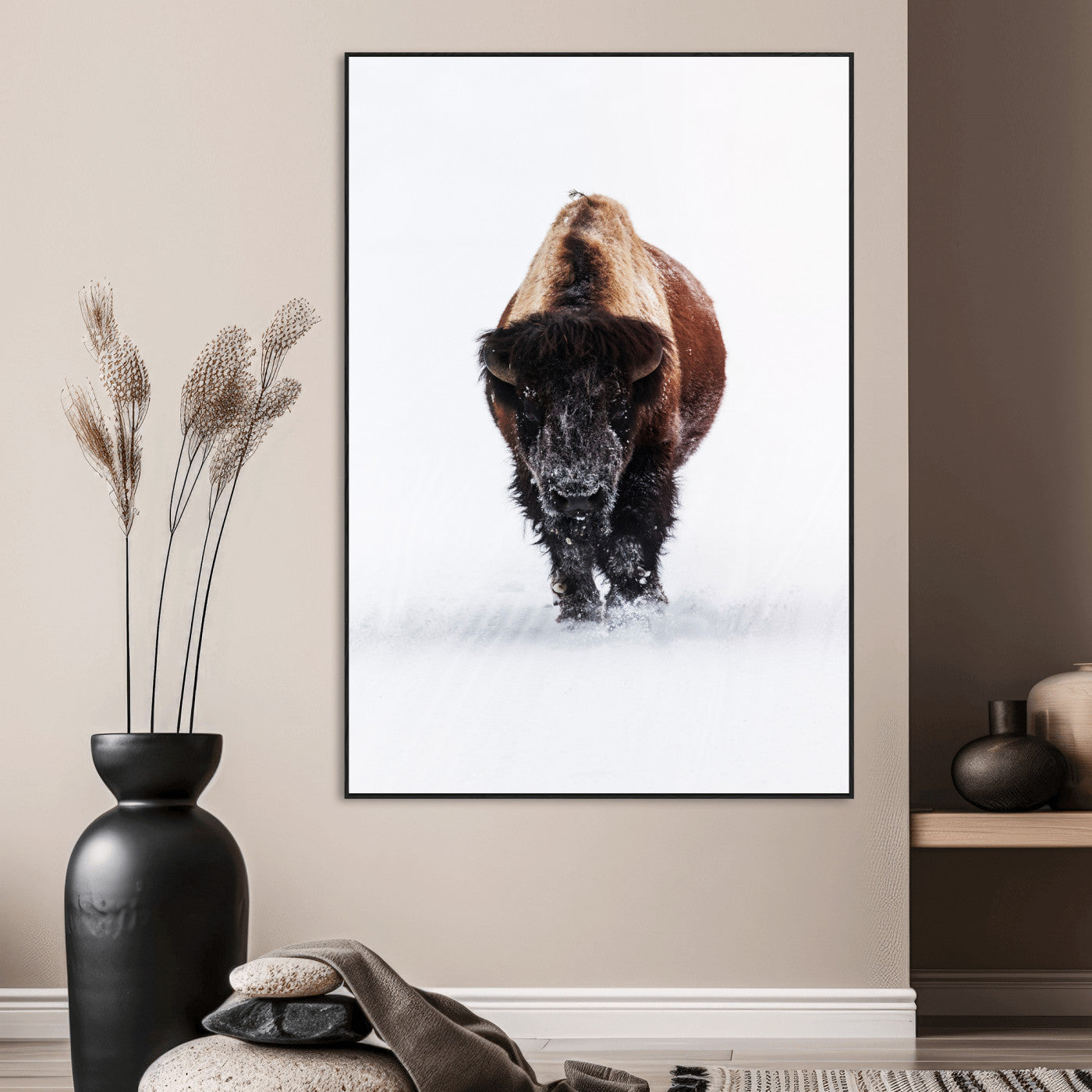 11394883-SEG-FC-51X34_Oversize_Oversize-Winter Bison Wall Art Canvas Print, Framed Rustic Wildlife Art Picture Print, Bold Animal Art Perfect Rustic Lodge Decor Artwork