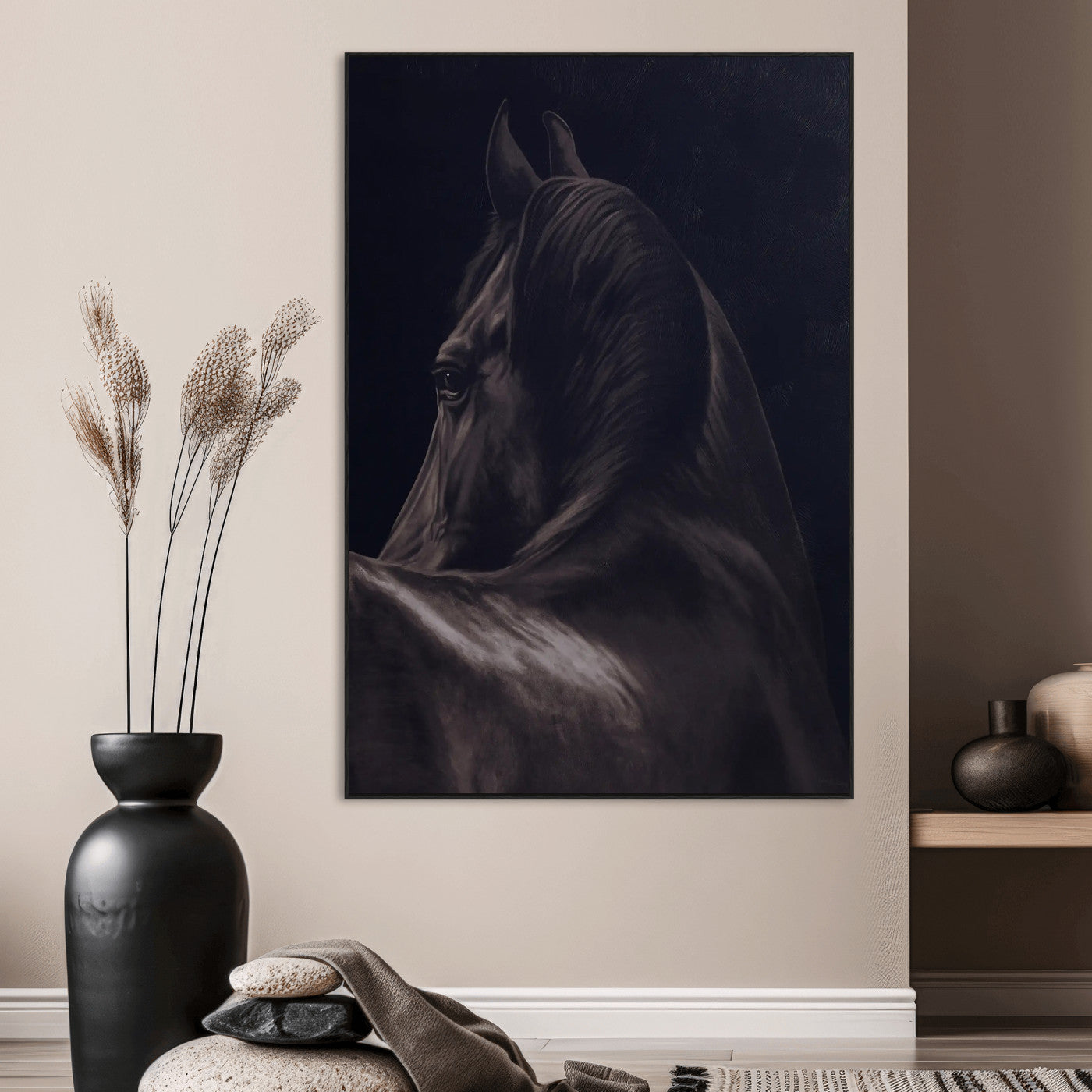 67026880-MGV-CV-24X36-Black Horse Portrait Wall Art Canvas Print, Framed Moody Horse Decor Art Picture Print, Equestrian Wall Style Perfect Masculine