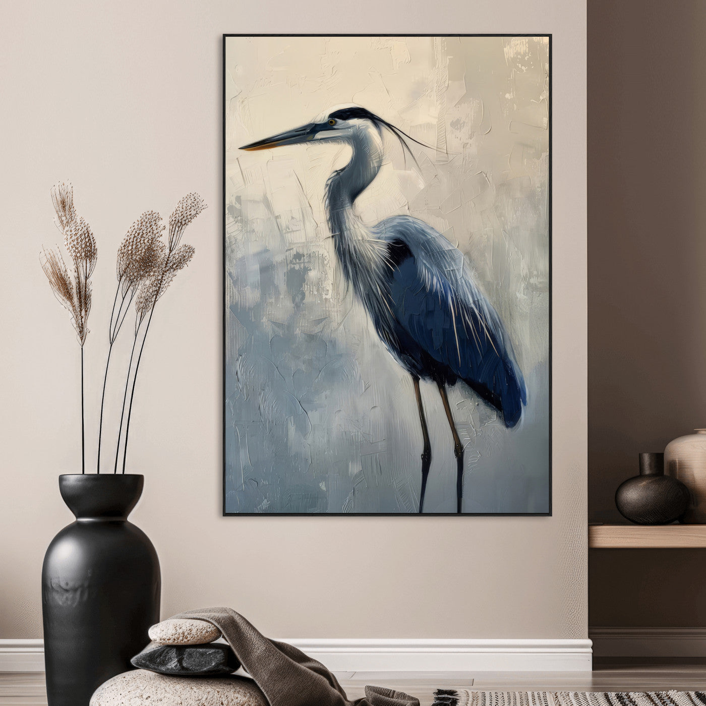 68368019-MGV-CV-24X36-Blue Heron Art Wall Art Canvas Print, Framed Crane Bird Painting Art Picture Print, Elegant Wildlife Scene Perfect Coastal