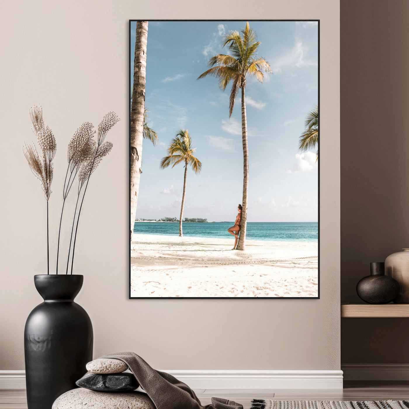 27750035-MGV-CV-24X36-Tropical Beach Scene Wall Art Canvas Print, Framed Palm Tree Photography Art Picture Print, Island Paradise Decor Perfect Coastal
