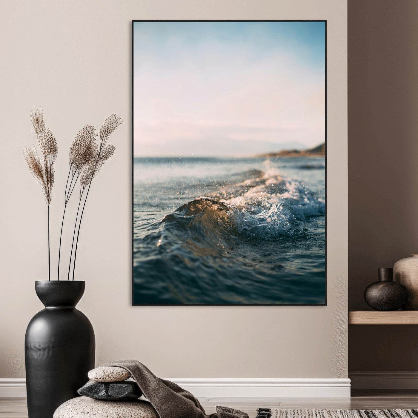 65283502-MGV-CV-24X36-Ocean Waves Wall Art Canvas Print, Framed Coastal Serenity Art Picture Print, Golden Hour Perfect Modern Coastal Decor Artwork