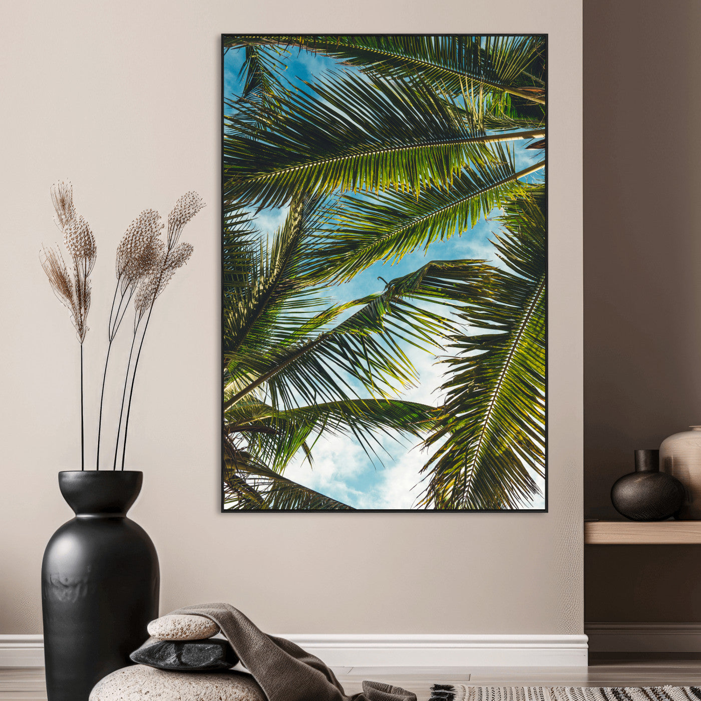 31086560-SEG-FC-51X34_Oversize_Oversize-Palm Leaves Wall Art Canvas Print, Framed Tropical Vibes Art Picture Print, Green Foliage Perfect Tropical Boho Decor Artwork