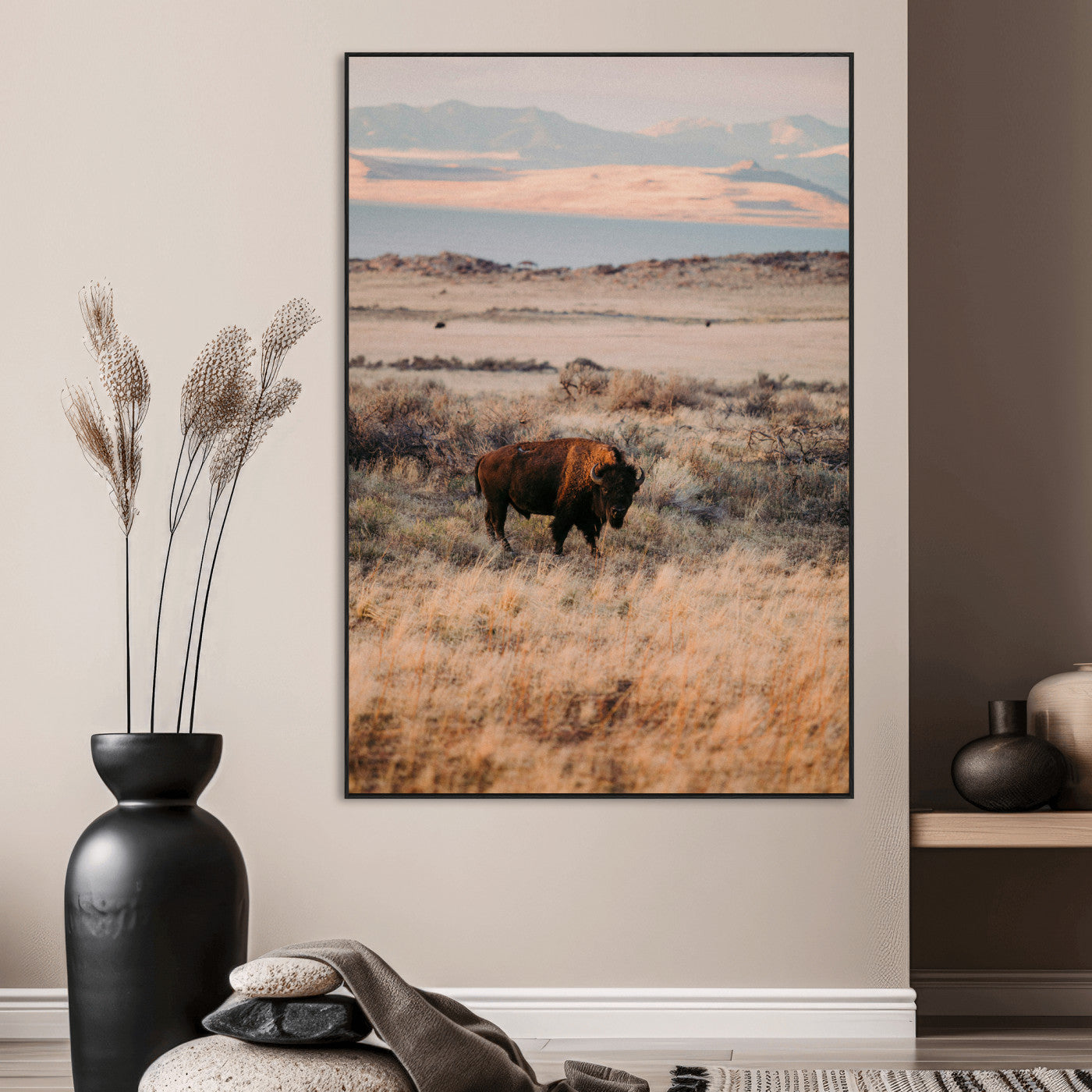 75146693-MGV-CV-24X36-Solitary Buffalo Wall Art Canvas Print, Framed Golden Prairie Art Picture Print, Earthy Tones Perfect Rustic Western Decor Artwork