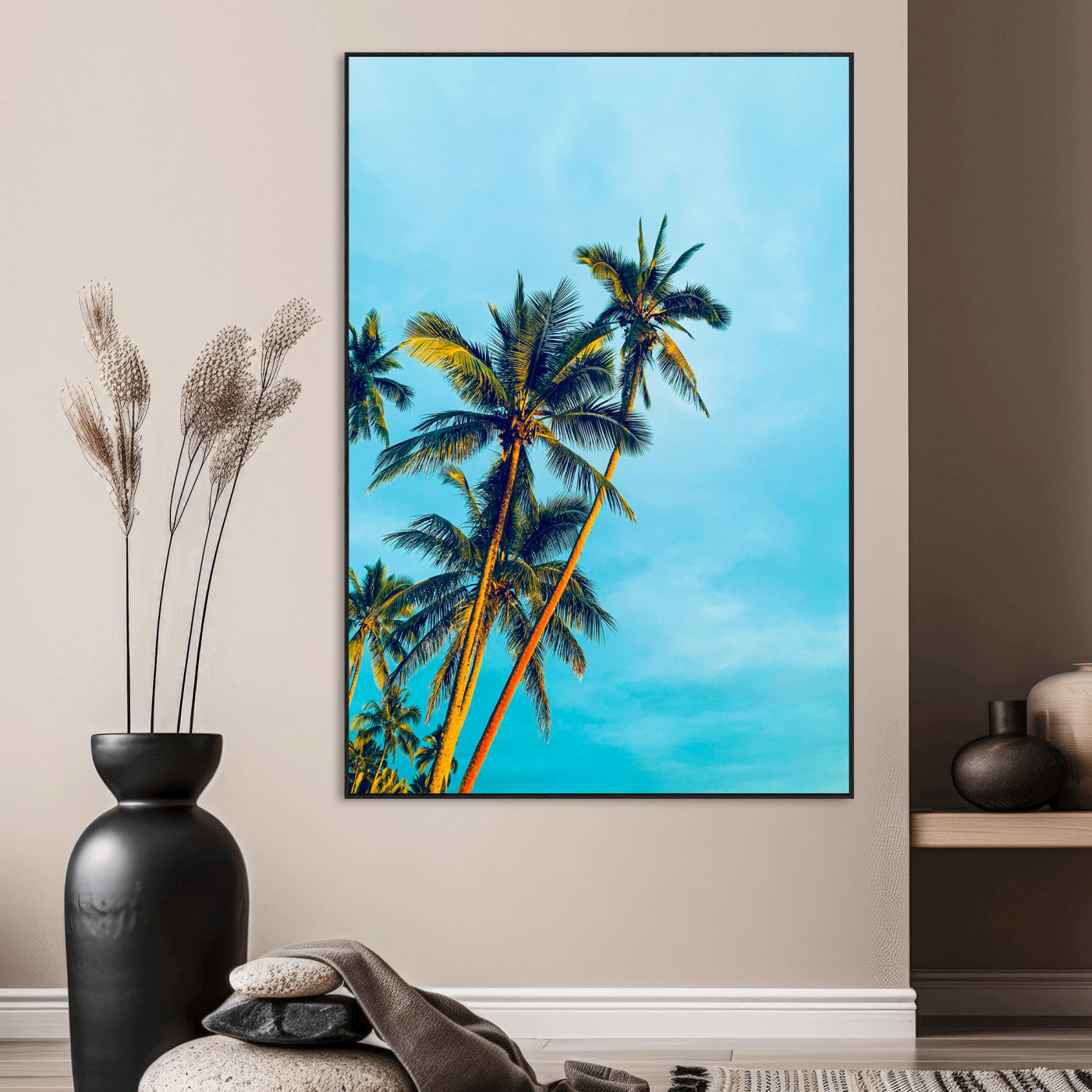 62885569-MGV-CV-24X36-Palm Trees Wall Art Canvas Print, Framed Tropical Vibes Art Picture Print, Blue Sky Perfect Coastal Boho Decor Artwork
