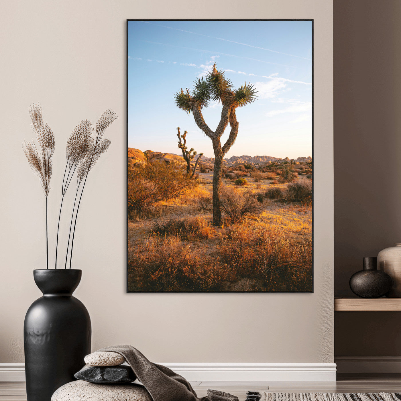 90776393-MGV-CV-24X36-Joshua Tree Wall Art Canvas Print, Framed Golden Hour Desert Art Picture Print, Sunset Glow Perfect Southwestern Boho Decor