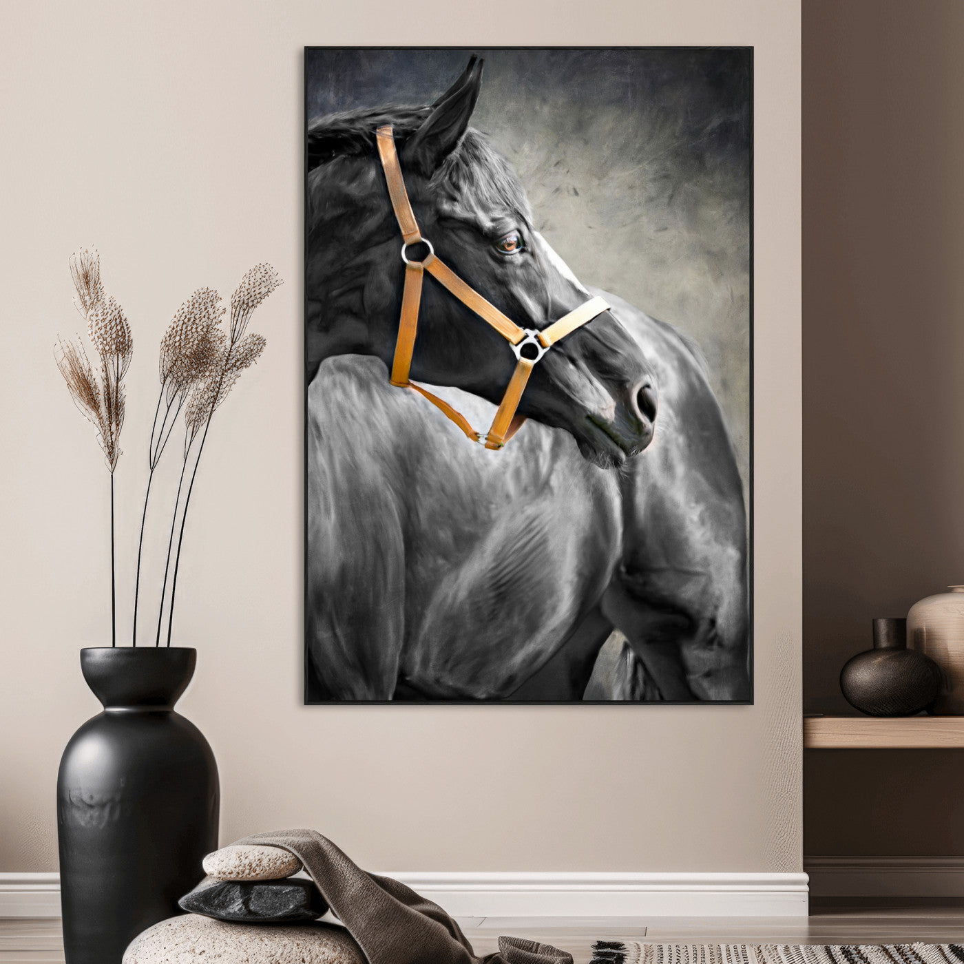 40324916-MGV-CV-24X36-Horse Wall Art – Equestrian Canvas Print, Elegant Black Stallion Portrait with Golden Halter, Rustic Western Photography Decor for