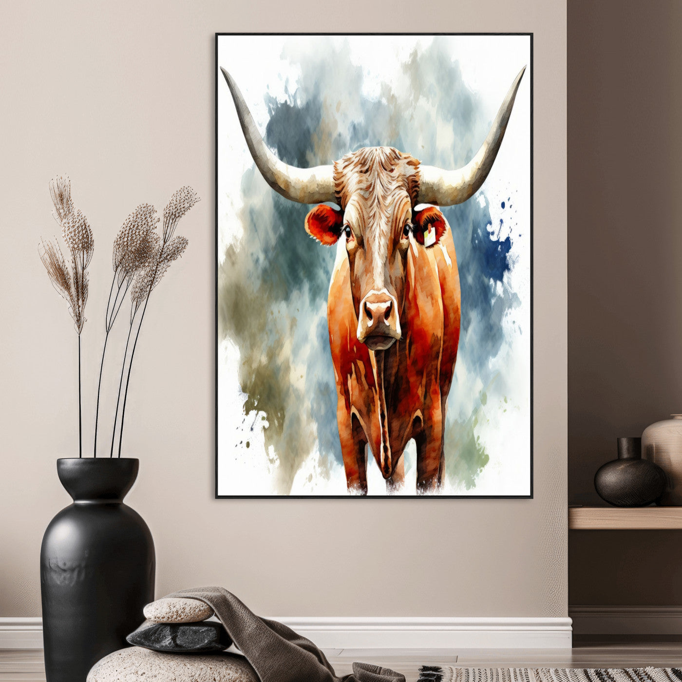 39803-MGV-CV-24X36-Texas Longhorn Wall Art Canvas Print, Framed Rustic Cattle Art Picture Print, Western Bull Perfect Rustic Western Decor Artwork