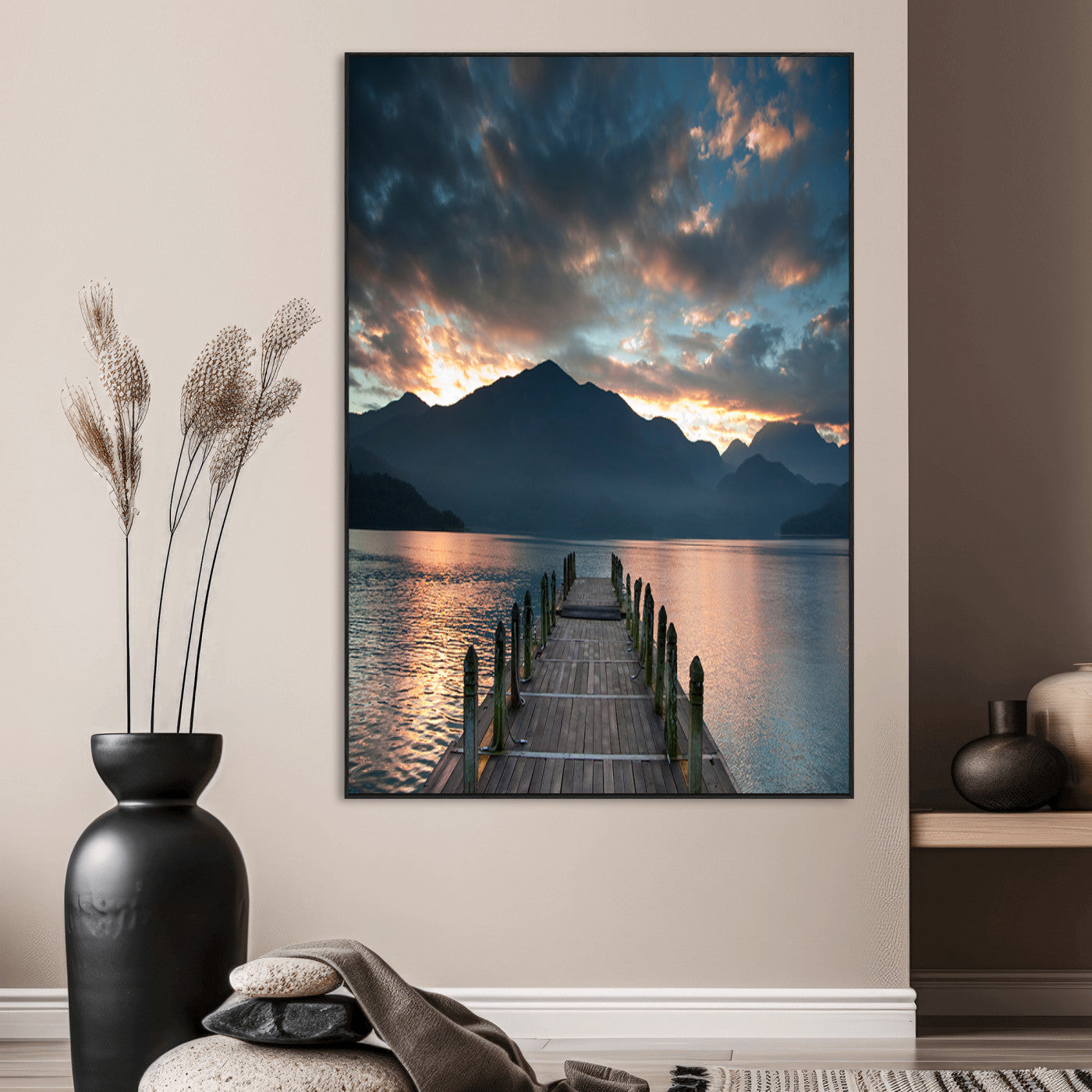 16043-MGV-CV-24X36-Mountain Lake Wall Art Canvas Print, Framed Sunset Reflection Art Picture Print, Calm Horizon Perfect Moody Nature Decor Artwork