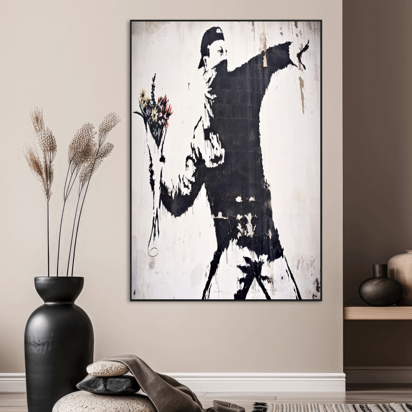 64032-MGV-CV-24X36-Flower Thrower Wall Art Canvas Print, Framed Urban Protest Art Picture Print, Graffiti Style Perfect Urban Contemporary Decor