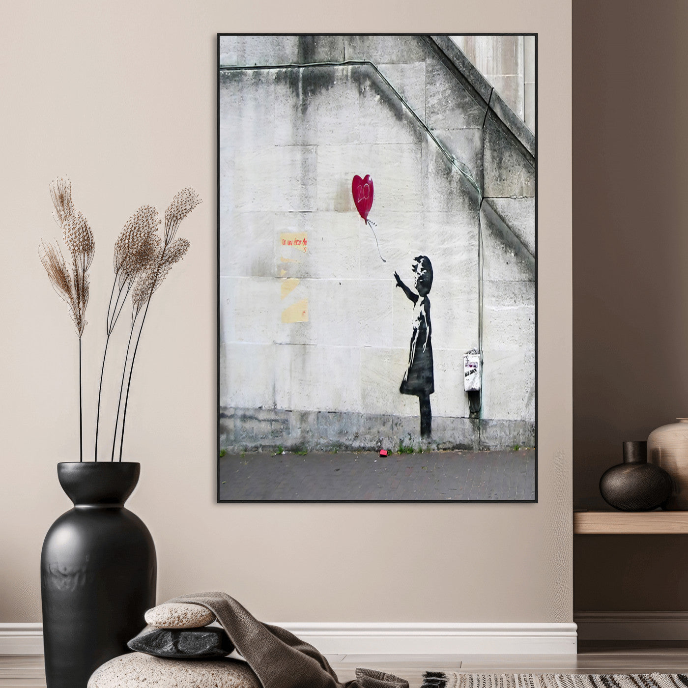 35033-MGV-CV-24X36-Balloon Girl Wall Art Canvas Print, Framed Street Banksy Art Picture Print, Urban Contrast Perfect Minimal Urban Decor Artwork