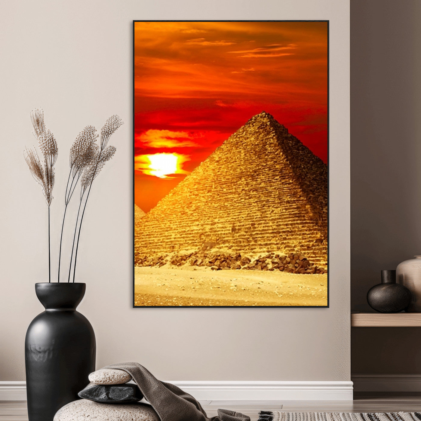 13047-MGV-CV-24X36-Pyramids Giza Wall Art – Golden Sunset Egypt Canvas Print, Ancient World Landmark Photography Decor for Living Room, Office, Study