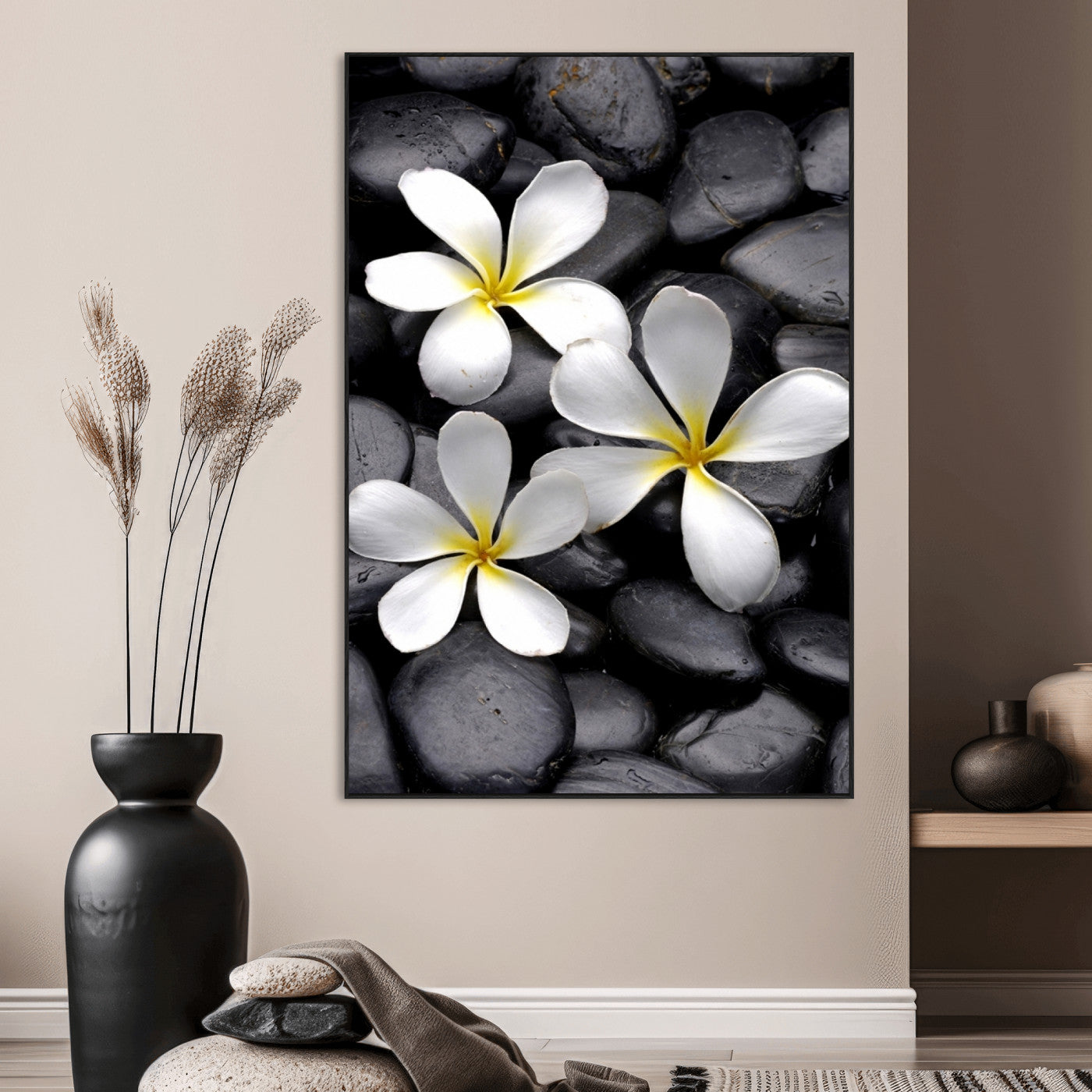 45657-MGV-CV-24X36-Large Wall Art White Flowers on Black Zen Meditation Stones Vertical Canvas Print