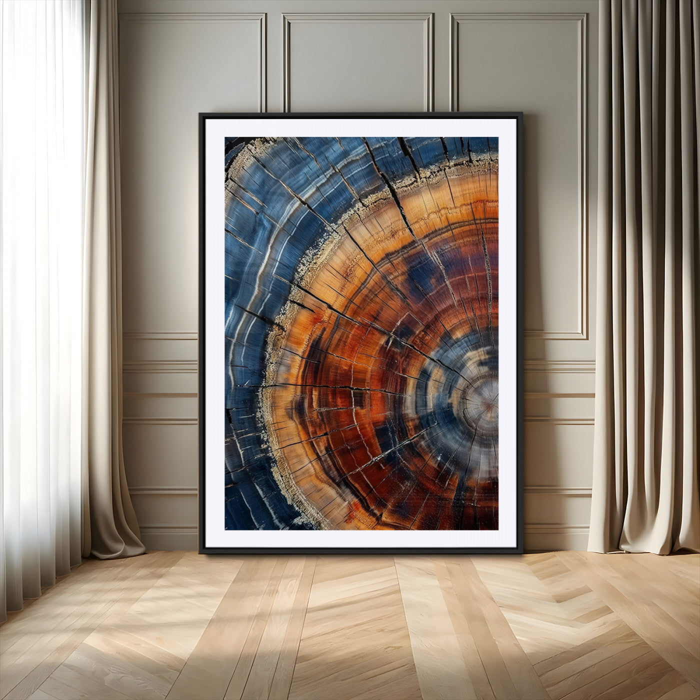 38379387-SEG-FC-90X60_Oversize_Oversize-Tree Rings Wall Art Canvas Print, Framed Wood Texture Art Picture Print, Blue Grain Perfect Earthy Modern Decor Artwork