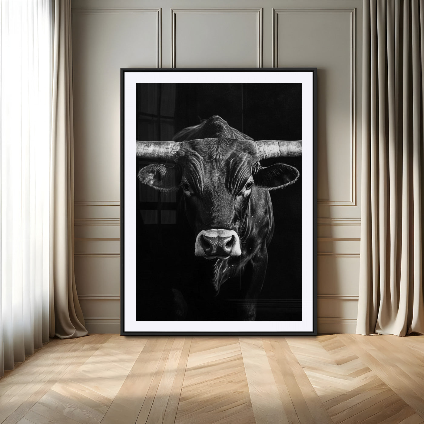 75358747-MGC-FP-24x36_Black-Texas Longhorn Wall Art Canvas Print, Framed Monochrome Bull Art Picture Print, Horned Bull Perfect Minimalist Western Decor