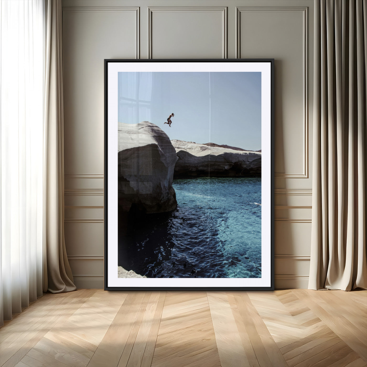 96853328-MGC-FP-24x36-Cliff Diving Wall Art Canvas Print, Framed Turquoise Sea Art Picture Print, Ocean Adventure Perfect Coastal Minimalist Decor