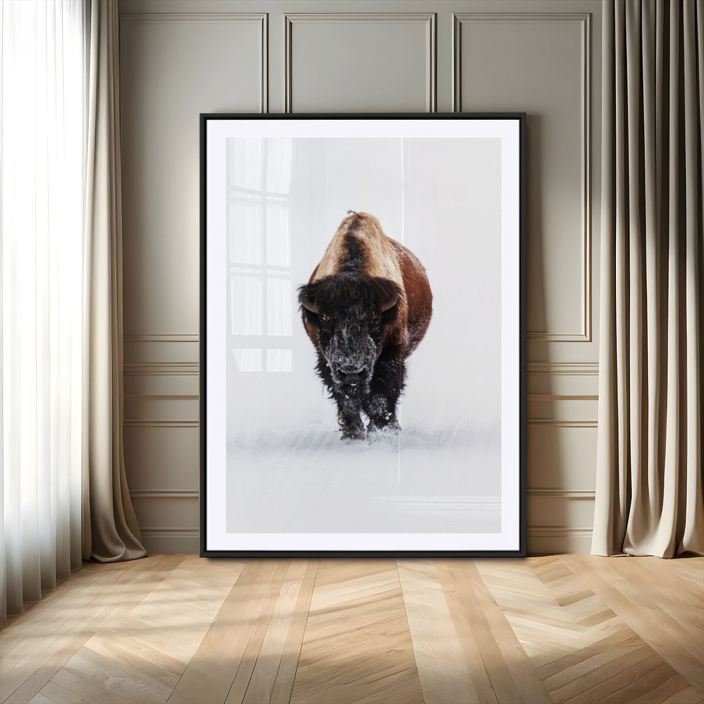 11394883-MGC-FP-24x36-Winter Bison Wall Art Canvas Print, Framed Rustic Wildlife Art Picture Print, Bold Animal Art Perfect Rustic Lodge Decor Artwork