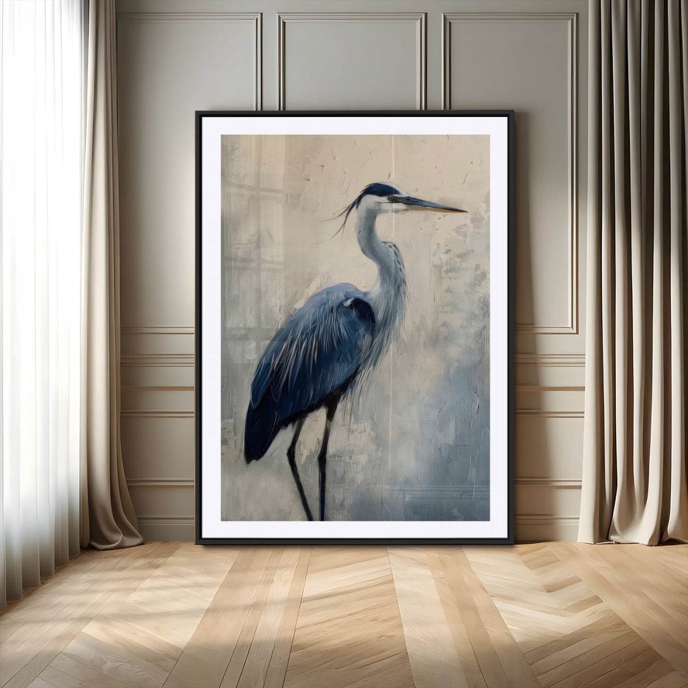51380726-MGV-CV-24X36-Blue Heron Decor Wall Art Canvas Print, Framed Coastal Bird Design Art Picture Print, Minimal Heron Portrait Perfect Coastal
