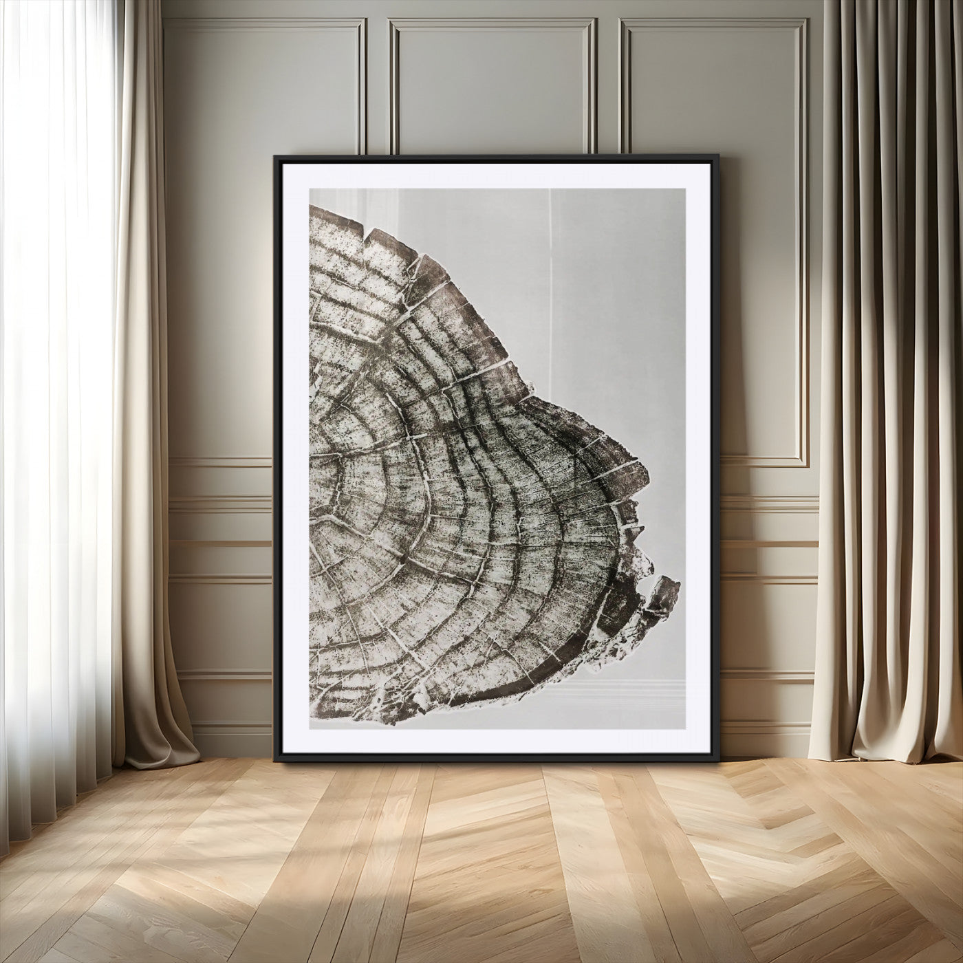 57798204-MGC-FP-24x36_Black-Botanical Tree Ring Wall Art Canvas Print, Framed Earth Tones Art Picture Print, Tree Ring Canvas Perfect Scandinavian Minimalist