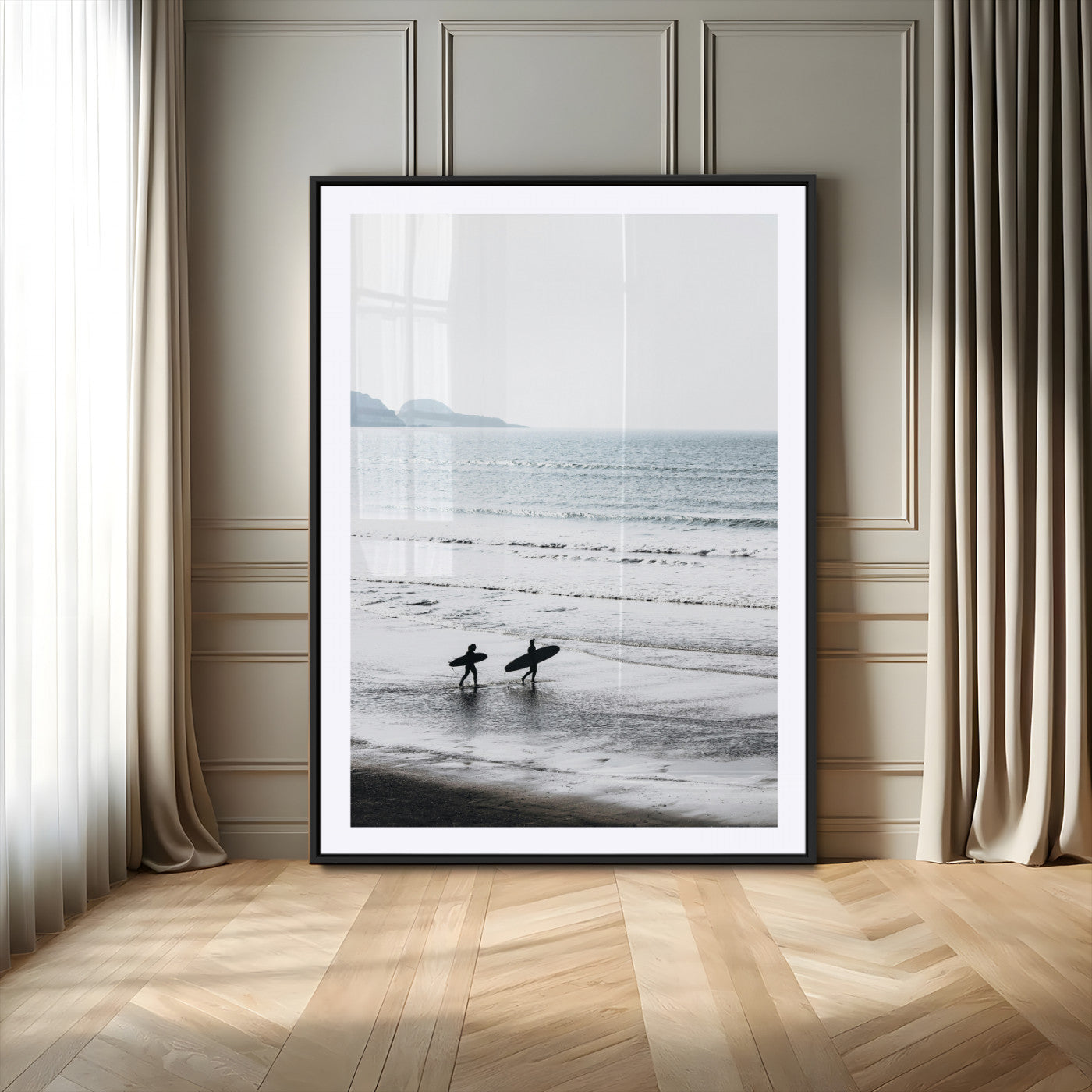 58090796-MGC-FP-24x36_Black-Surfer Silhouettes Wall Art Canvas Print, Framed Minimalist Ocean Art Picture Print, Soft Horizon Perfect Minimalist Coastal Decor