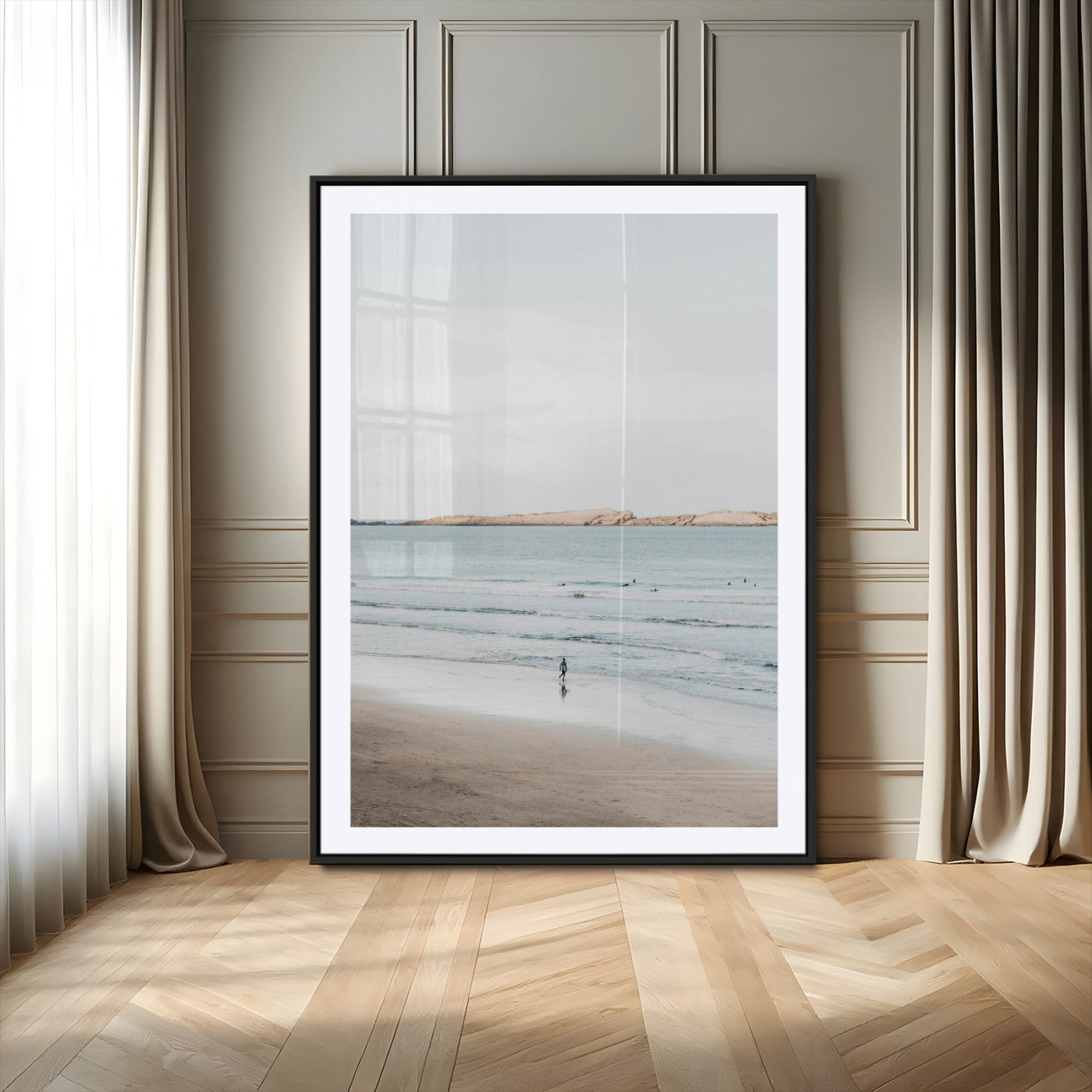 66350373-MGC-FP-24x36_Black-Minimalist Beach Wall Art Canvas Print, Framed Soft Blue Tones Art Picture Print, Tranquil Ocean Perfect Coastal Minimalist Decor