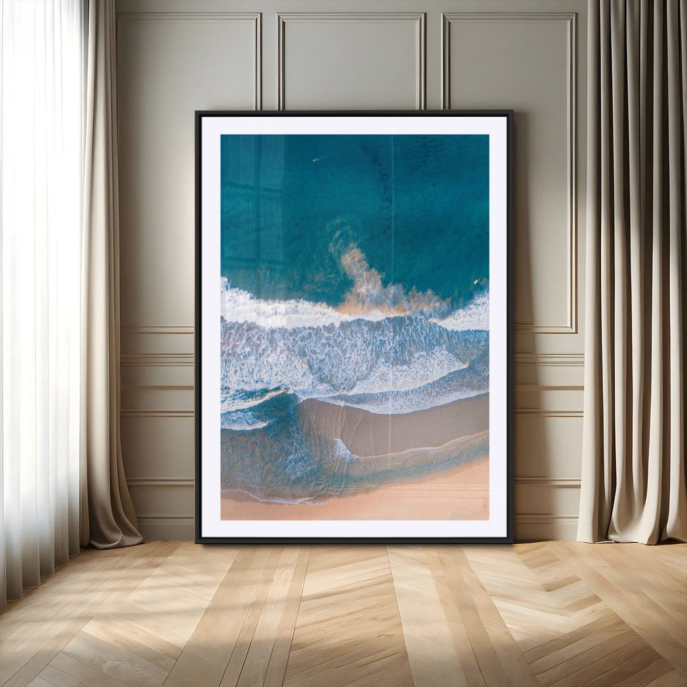 97740681-MGC-FP-24x36_Black-Aerial Beach View Wall Art Canvas Print, Framed Ocean Waves Art Picture Print, Coastal Serenity Perfect Coastal Minimalist Decor