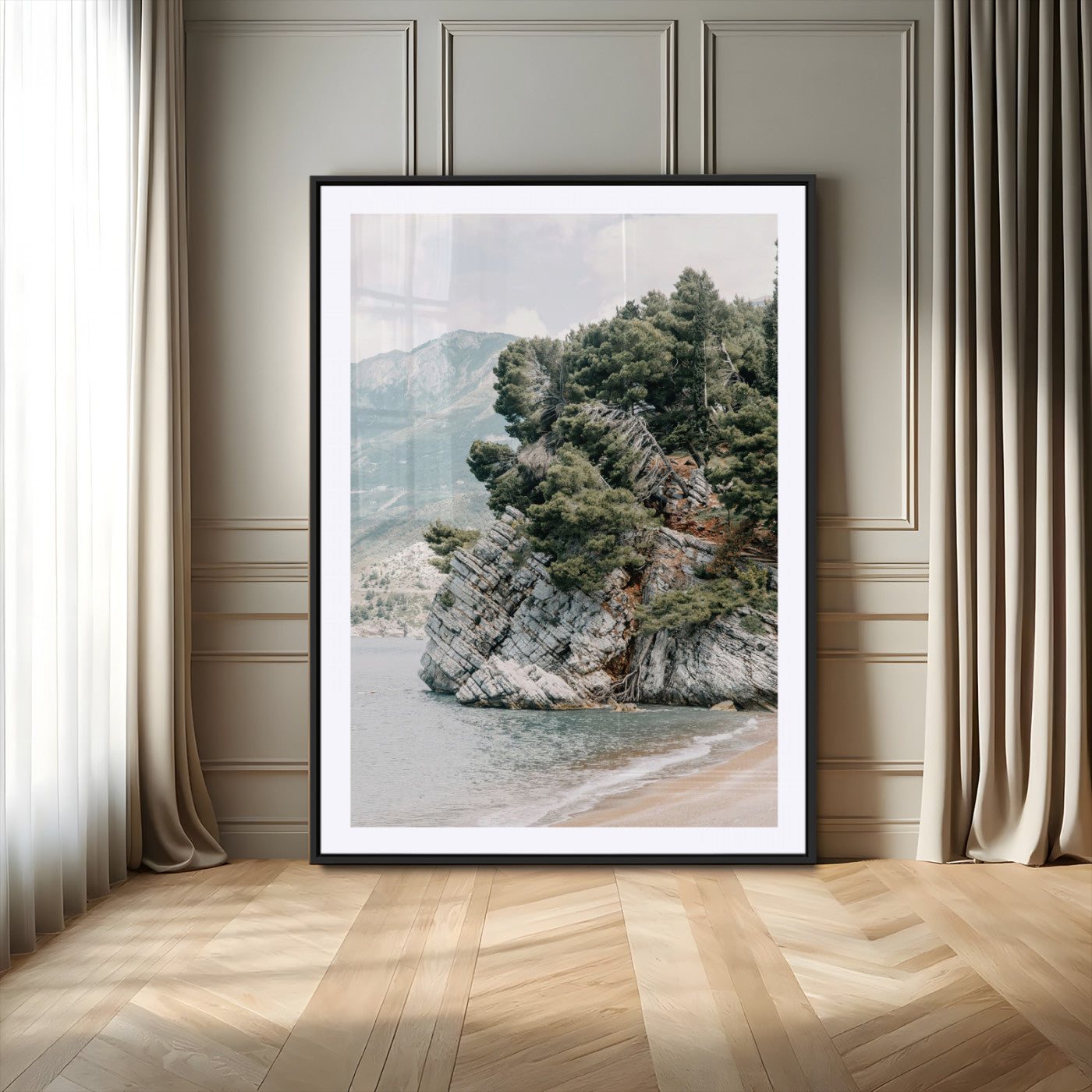 82638964-MGV-CV-24X36-Coastal Wall Art – Rocky Cliff and Pine Trees Canvas Print, Scenic Mountain and Shoreline Photography Decor for Bedroom, Living