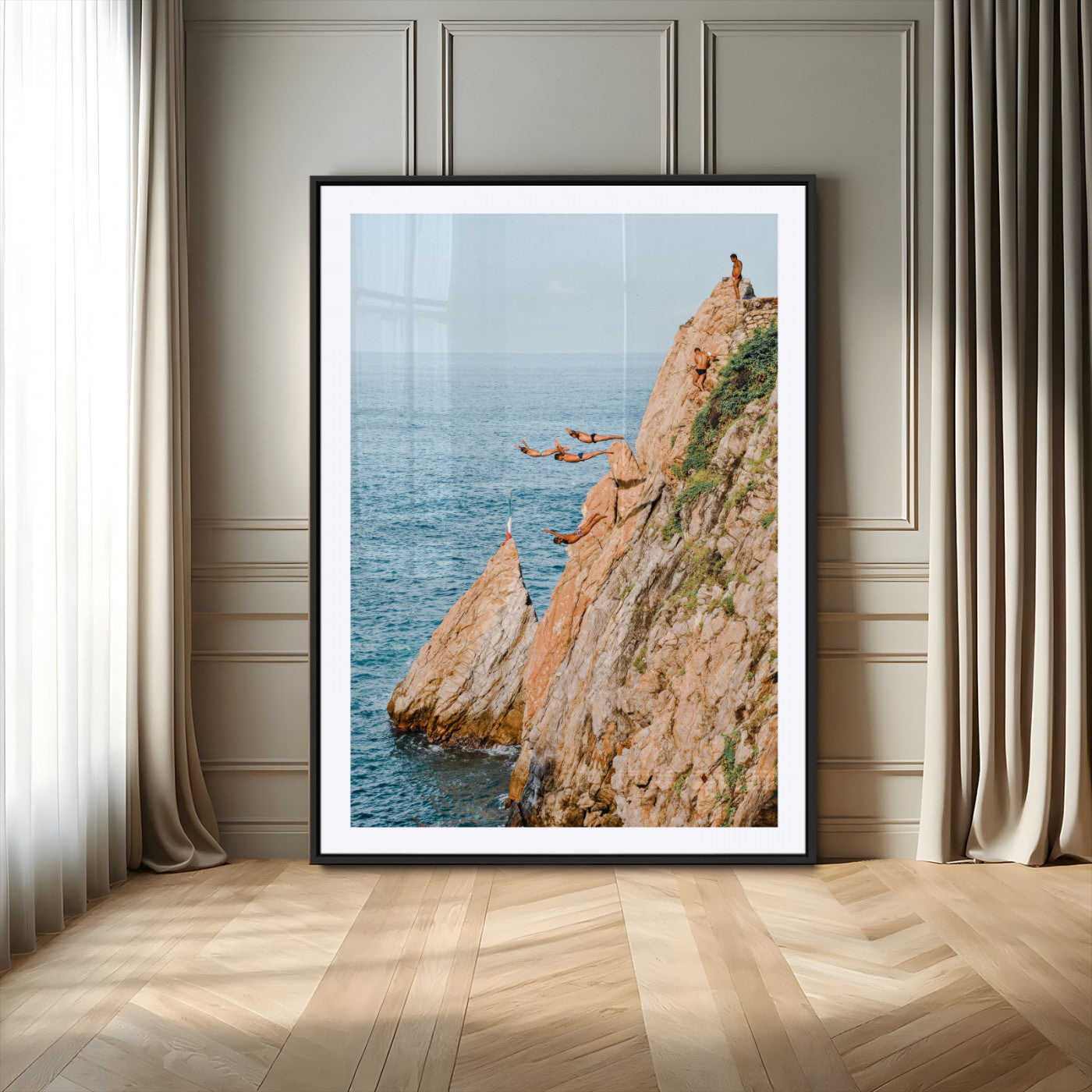 13614237-MGC-FP-24x36_Black-Cliff Diving Wall Art – Panoramic Ocean Jump Canvas Print, Extreme Sports Adventure Decor for Living Room, Office, Bedroom, Man
