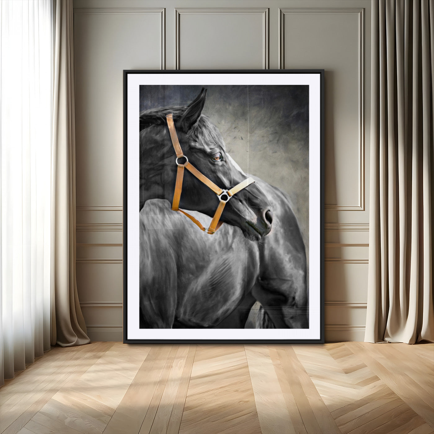 40324916-MGV-CV-24X36-Horse Wall Art – Equestrian Canvas Print, Elegant Black Stallion Portrait with Golden Halter, Rustic Western Photography Decor for