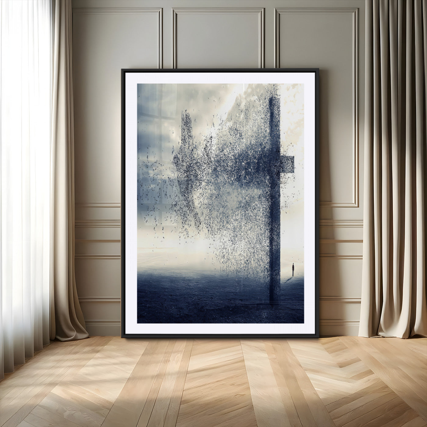 98984-MGV-CV-24X36-Disintegrating Cross Wall Art Canvas Print, Framed Abstract Symbol Art Picture Print, Conceptual Horizon Perfect Spiritual