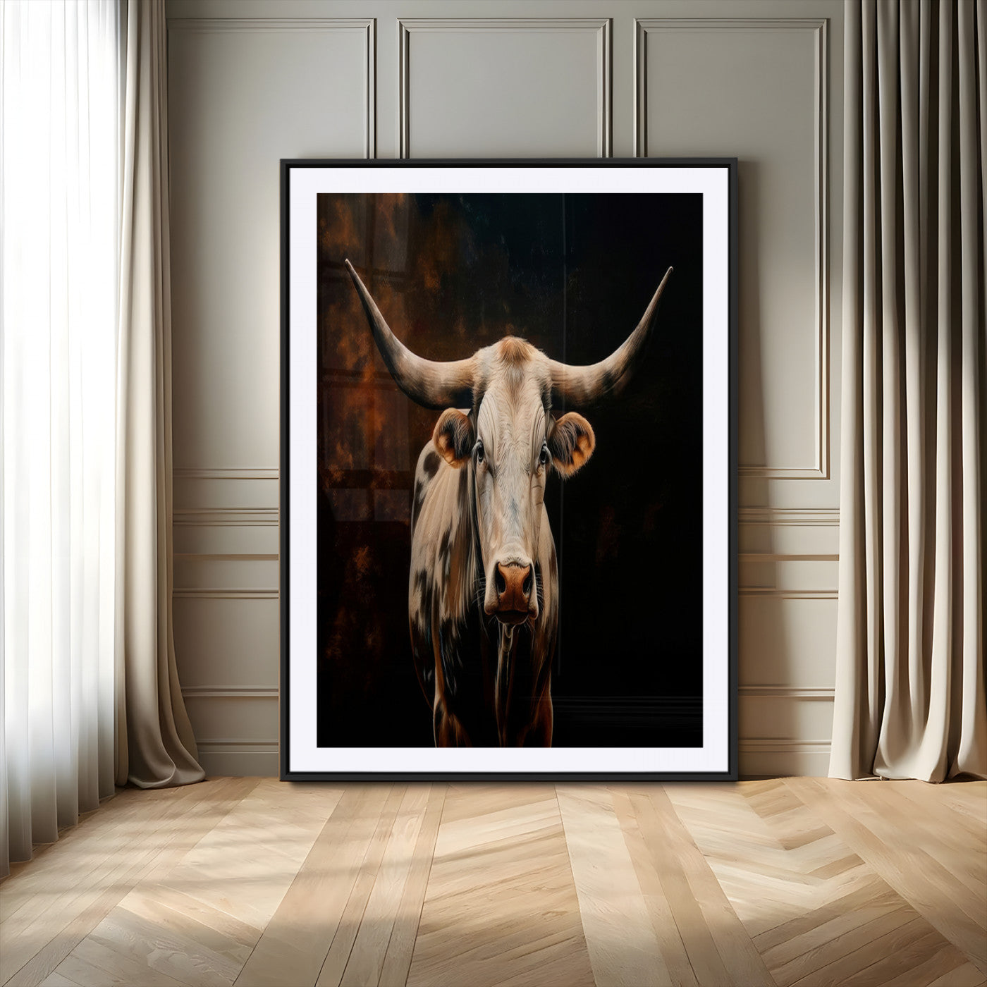 11823-MGV-CV-24X36-Texas Longhorn Wall Art Canvas Print, Framed Western Bull Art Picture Print, Rustic Cow Perfect Rustic Western Decor Artwork