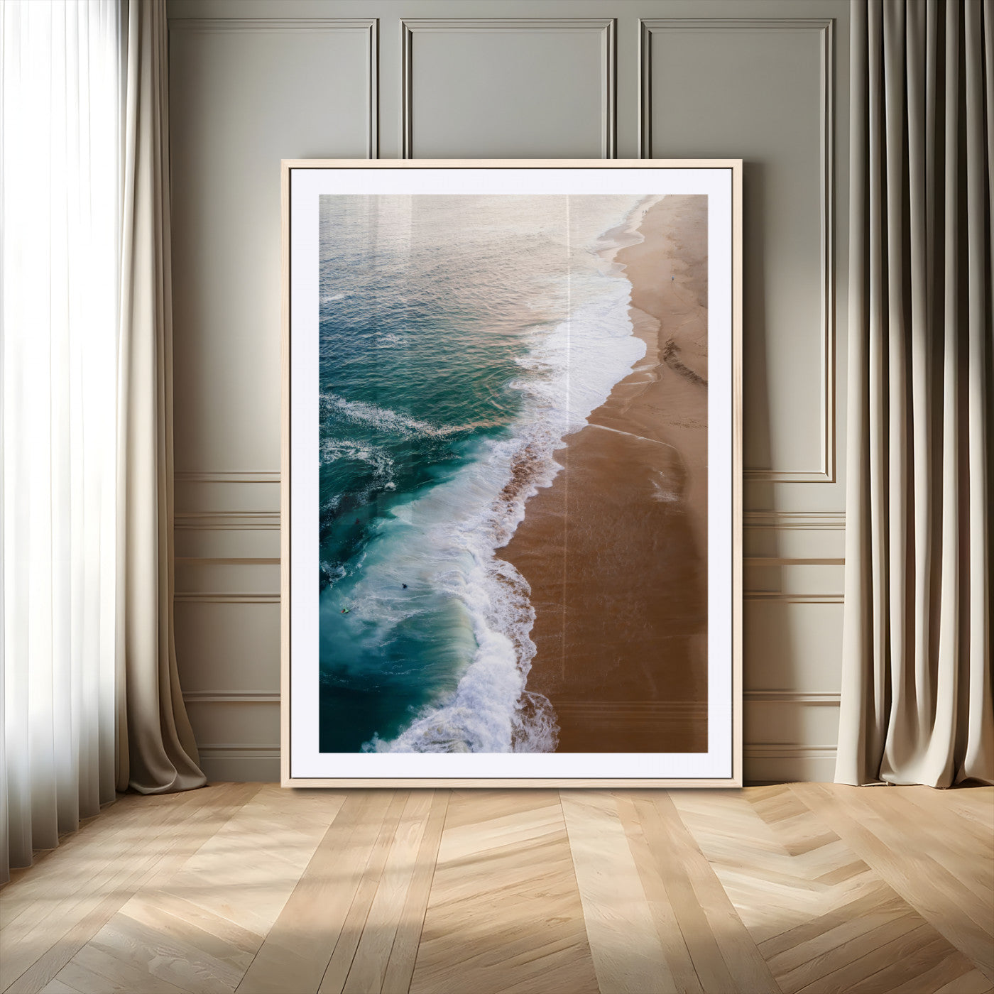 46042804-MGV-CV-24X36-Aerial Beach Wall Art Canvas Print, Framed Coastal Waves Art Picture Print, Turquoise Ocean Perfect Modern Coastal Decor Artwork