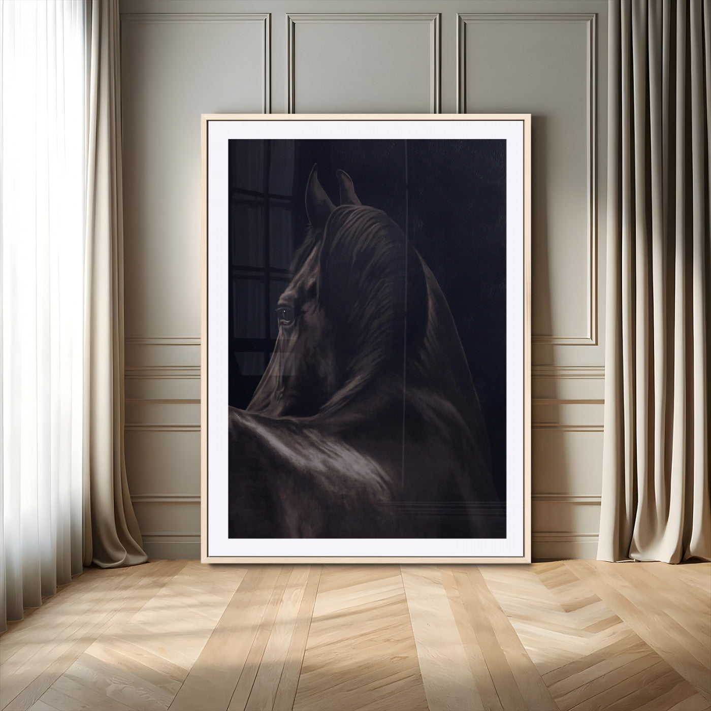 67026880-MGV-CV-24X36-Black Horse Portrait Wall Art Canvas Print, Framed Moody Horse Decor Art Picture Print, Equestrian Wall Style Perfect Masculine