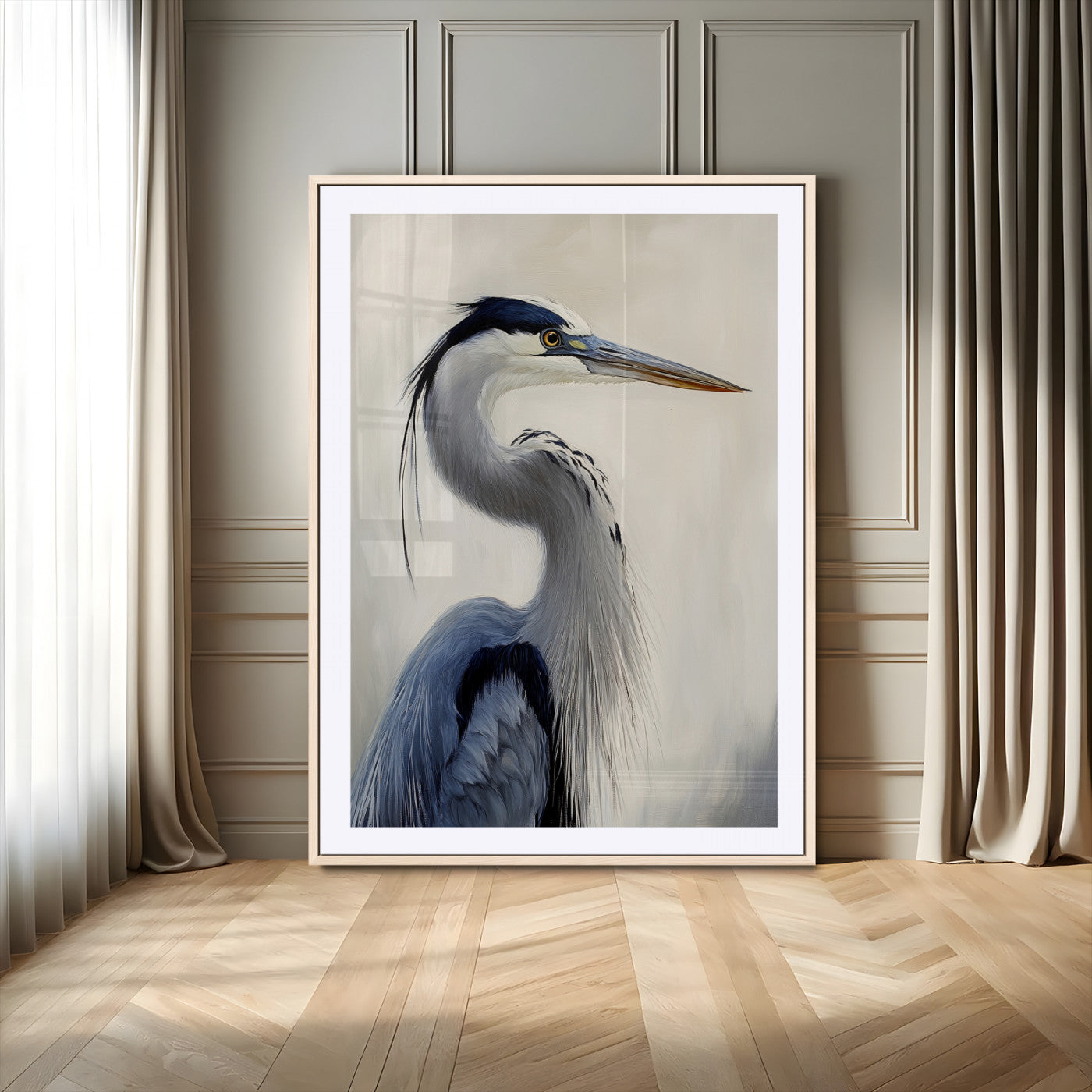 79581184-MGC-FP-24x36-Blue Heron Wall Art Canvas Print, Framed Elegant Wildlife Art Picture Print, Minimalist Bird Theme Perfect Coastal Minimalist