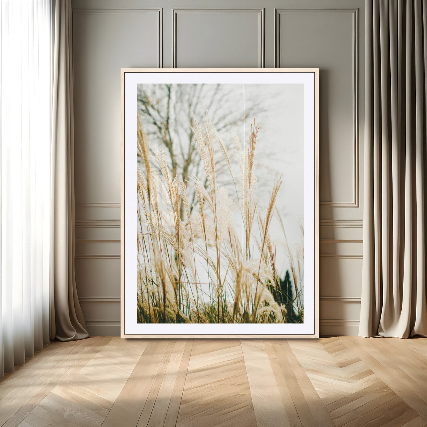 17571705-MGV-CV-24X36-Pampas Grass Wall Art Canvas Print, Framed Neutral Tones Art Picture Print, Minimalist Nature Perfect Boho Minimalist Decor
