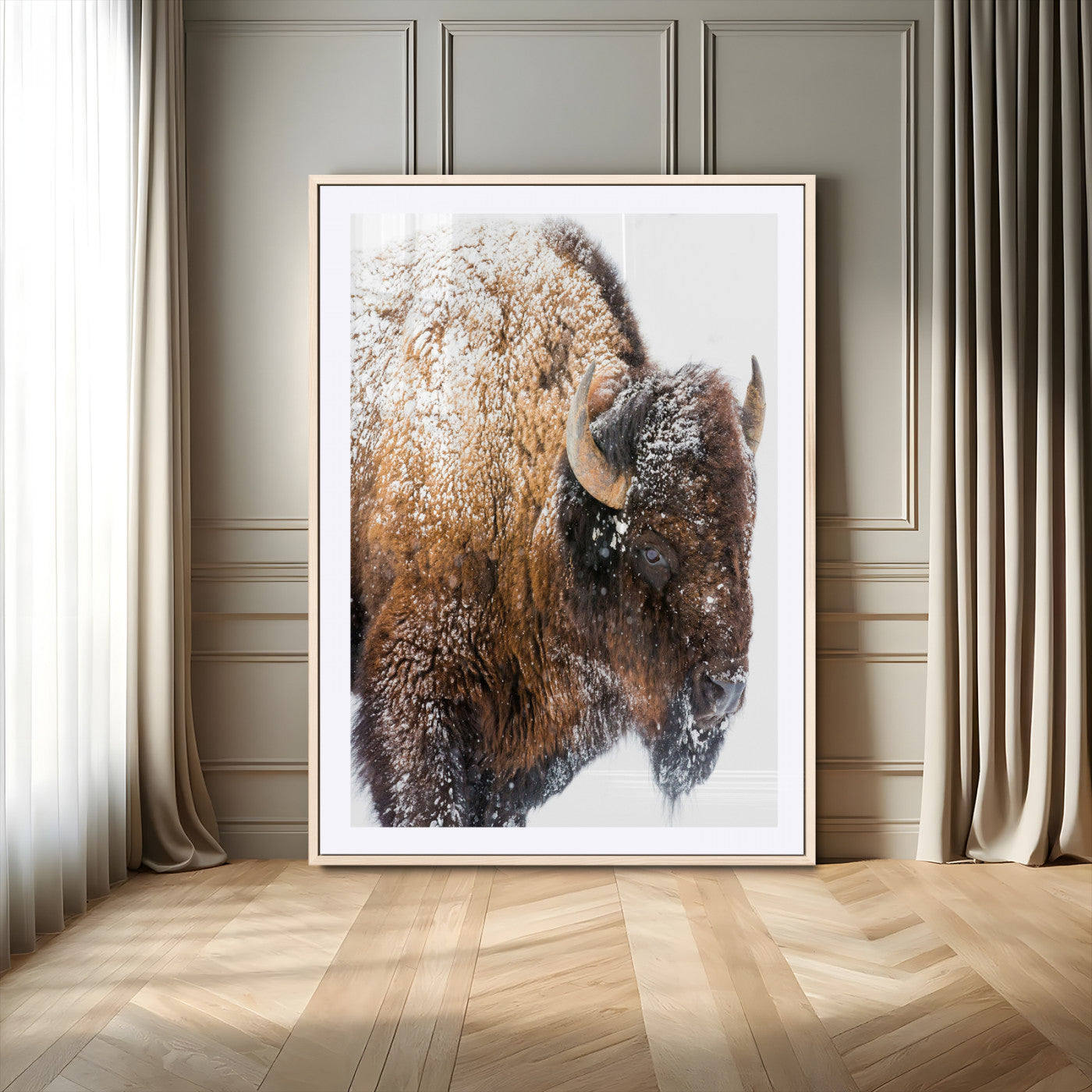 27690436-MGV-CV-24X36-Snowy Buffalo Wall Art Canvas Print, Framed Wildlife Photography Art Picture Print, Rustic Lodge Perfect Rustic Lodge Decor Decor