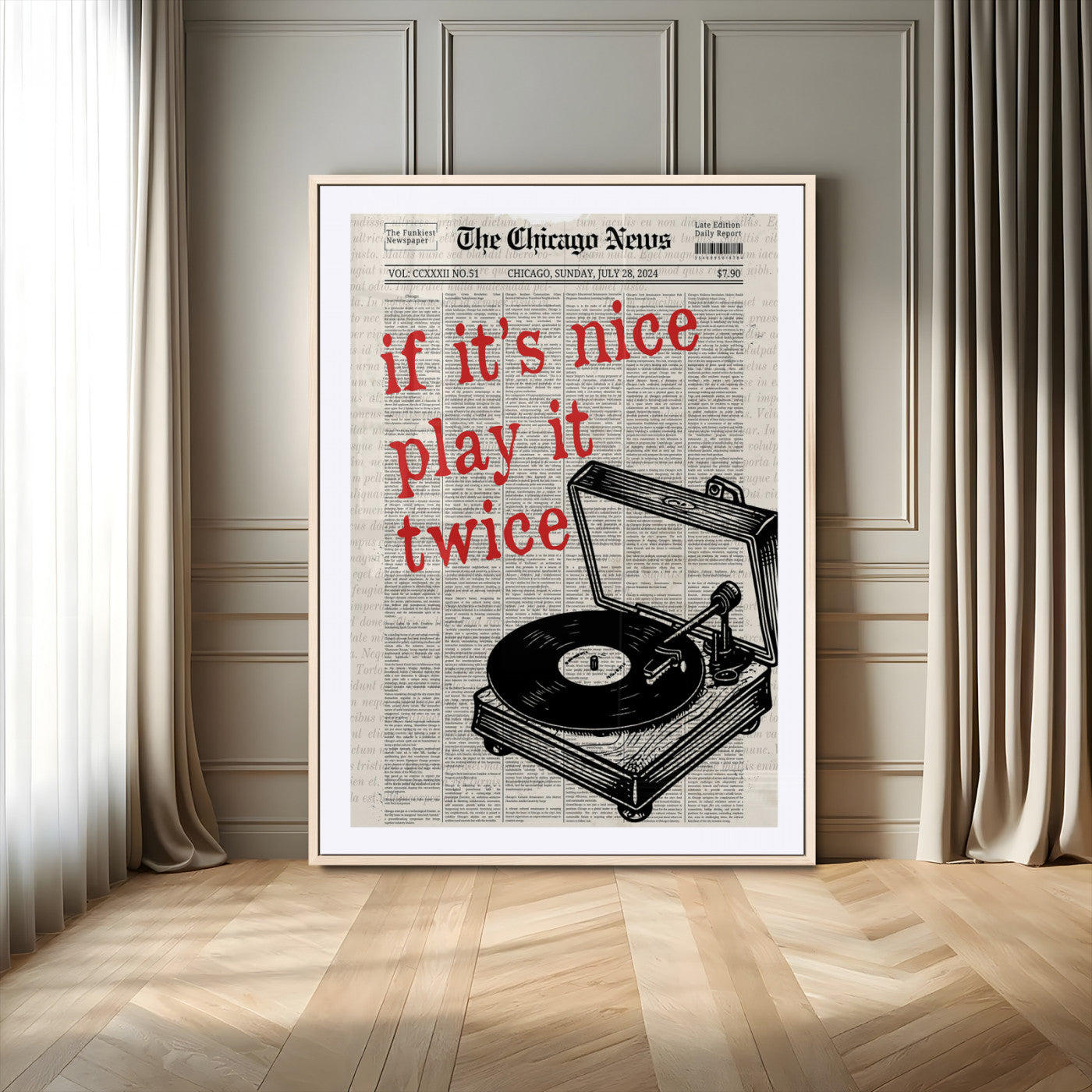 58559195-MGV-CV-24X36-Retro Music Wall Art – Vintage Record Player Canvas Print with Typography Quote, Funky Newspaper Style Decor for Bedroom, Living