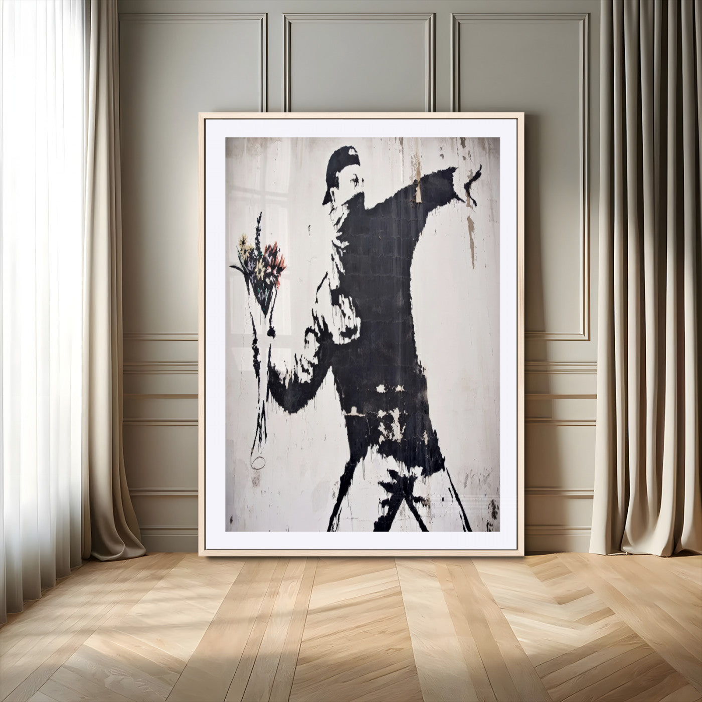 64032-MGV-CV-24X36-Flower Thrower Wall Art Canvas Print, Framed Urban Protest Art Picture Print, Graffiti Style Perfect Urban Contemporary Decor