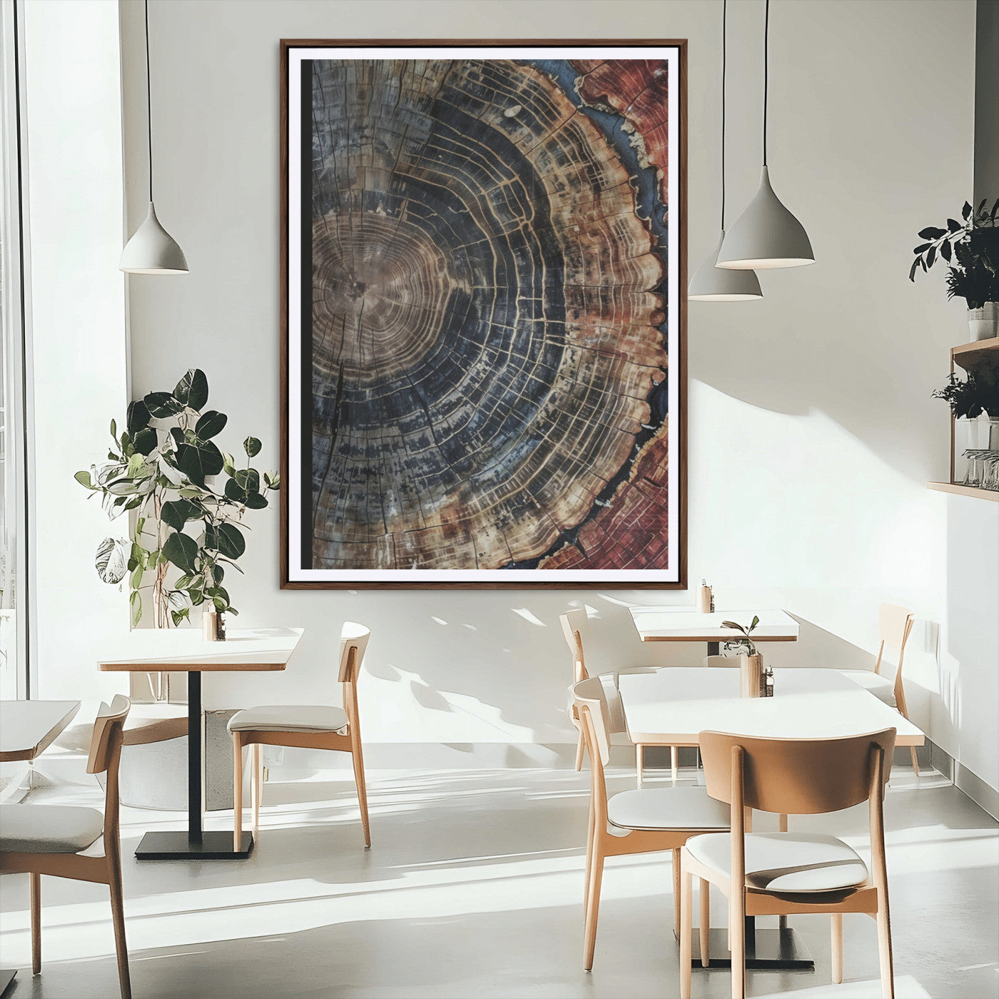 Test1-MGC-FP-24x36_Walnut-Rustic Tree Ring Wall Art – Abstract Wood Grain Canvas Print, Natural Blue and Red Toned Artwork for Living Room, Bedroom, Office