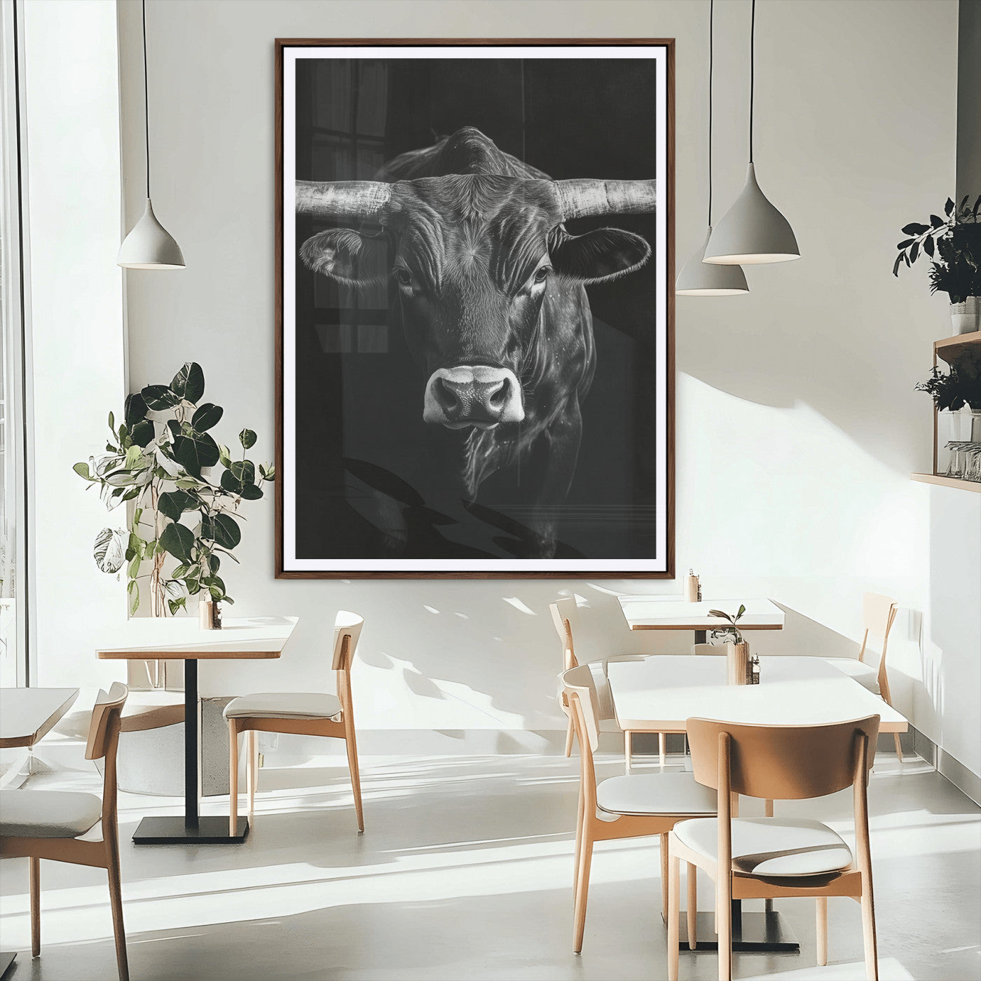 75358747-MGC-FP-24x36_Walnut-Texas Longhorn Wall Art Canvas Print, Framed Monochrome Bull Art Picture Print, Horned Bull Perfect Minimalist Western Decor