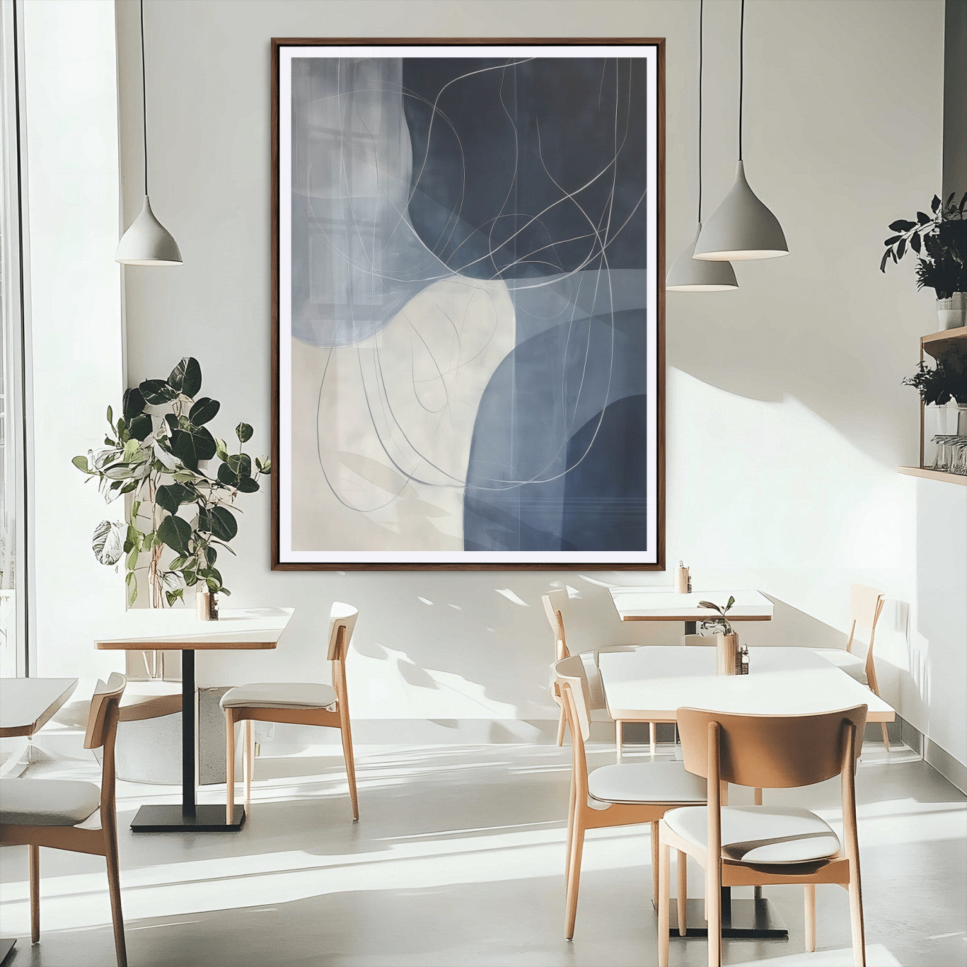 62566633-MGC-FP-24x36_Walnut-Navy Abstract Wall Art Canvas Print, Framed Minimal Lineart Art Picture Print, Abstract Shapes Perfect Minimalist Abstract Decor